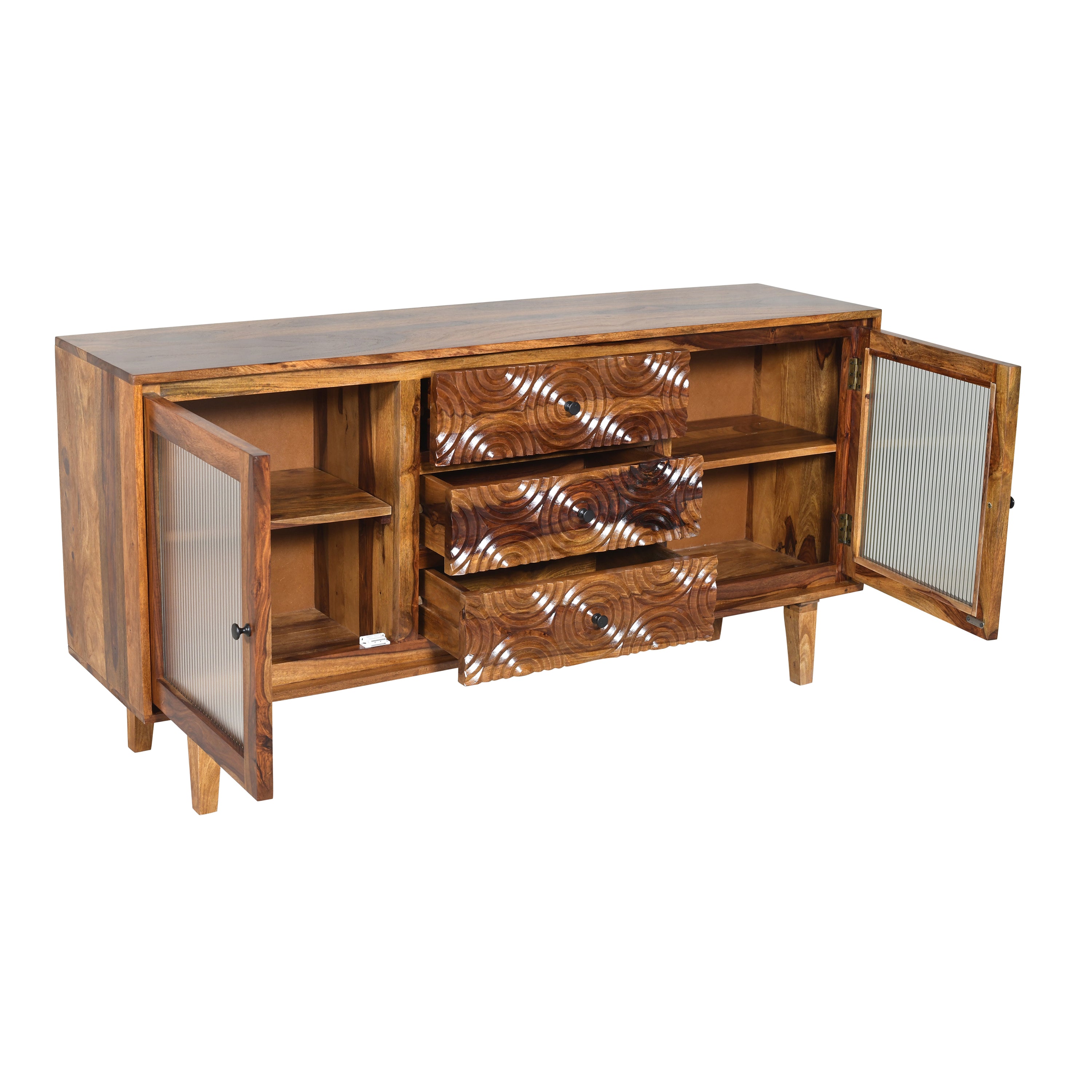 Solid Wood TV Unit with Carved Drawers & Glass Door Storage