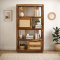 Book shelf rattan Solid Sheesham Wood Open Bookshelf with Cane Door & Drawers