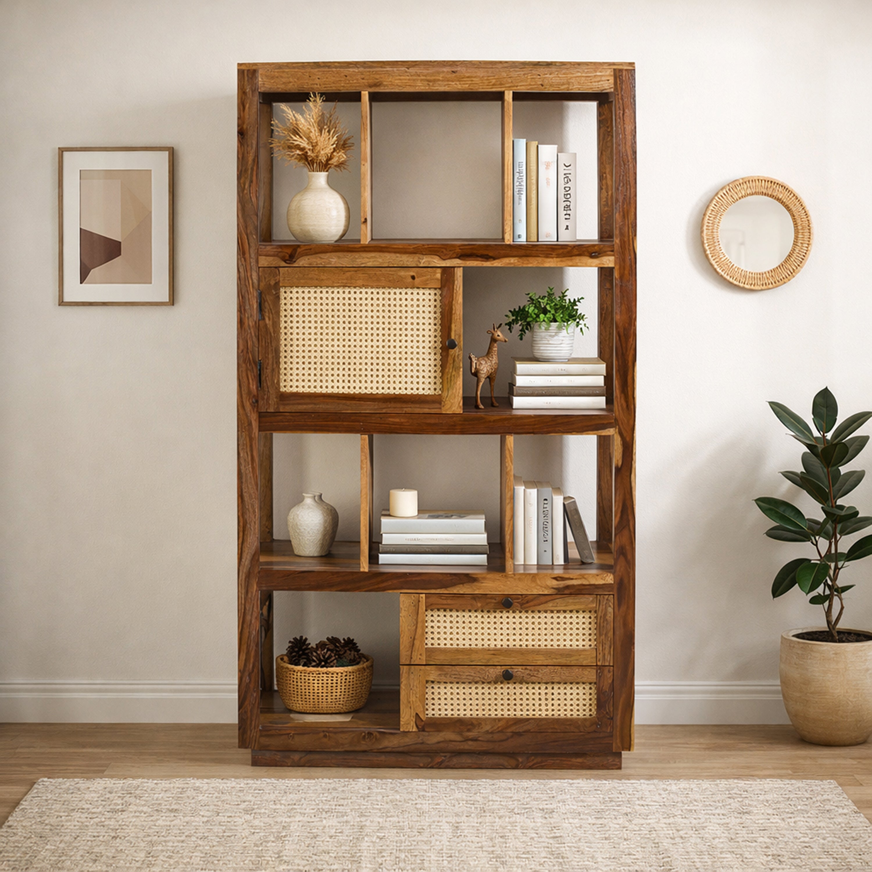 Solid Sheesham Wood Open Bookshelf with Cane Door & Drawers