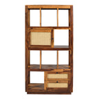 Book shelf rattan Solid Sheesham Wood Open Bookshelf with Cane Door & Drawers