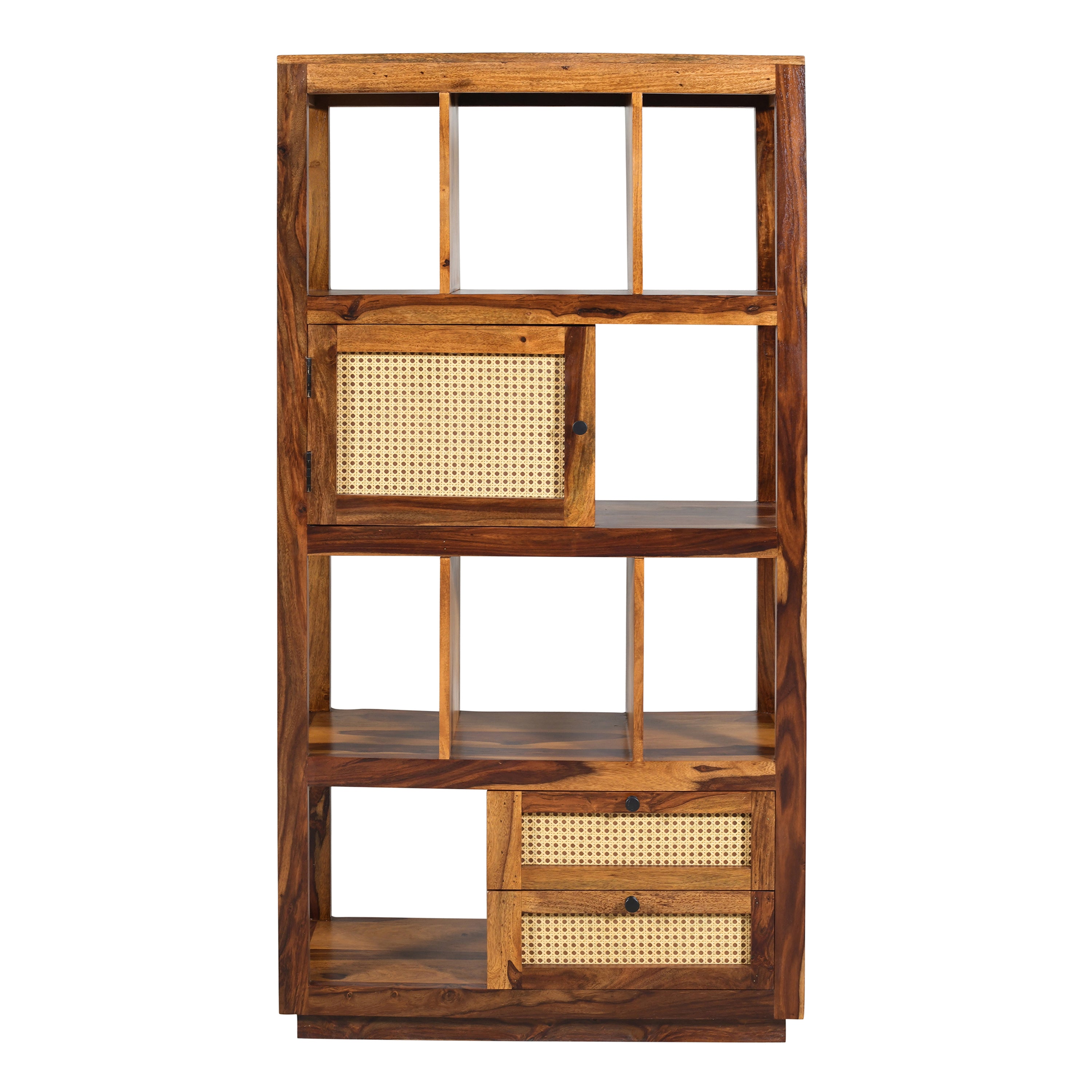 Solid Sheesham Wood Open Bookshelf with Cane Door & Drawers
