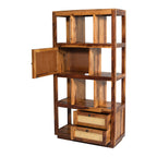 Book shelf rattan Solid Sheesham Wood Open Bookshelf with Cane Door & Drawers