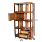 Book shelf rattan Solid Sheesham Wood Open Bookshelf with Cane Door & Drawers