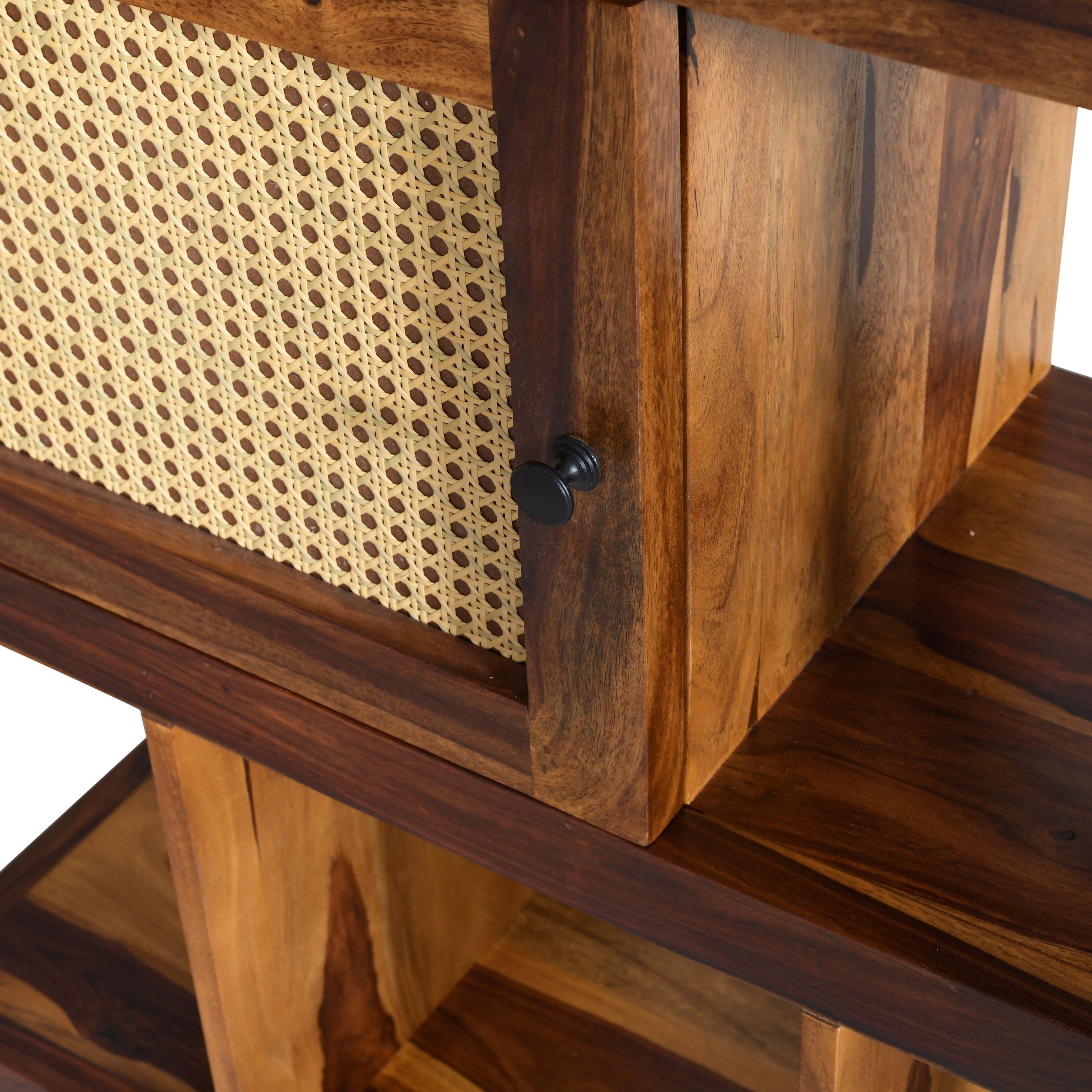 Solid Sheesham Wood Open Bookshelf with Cane Door & Drawers