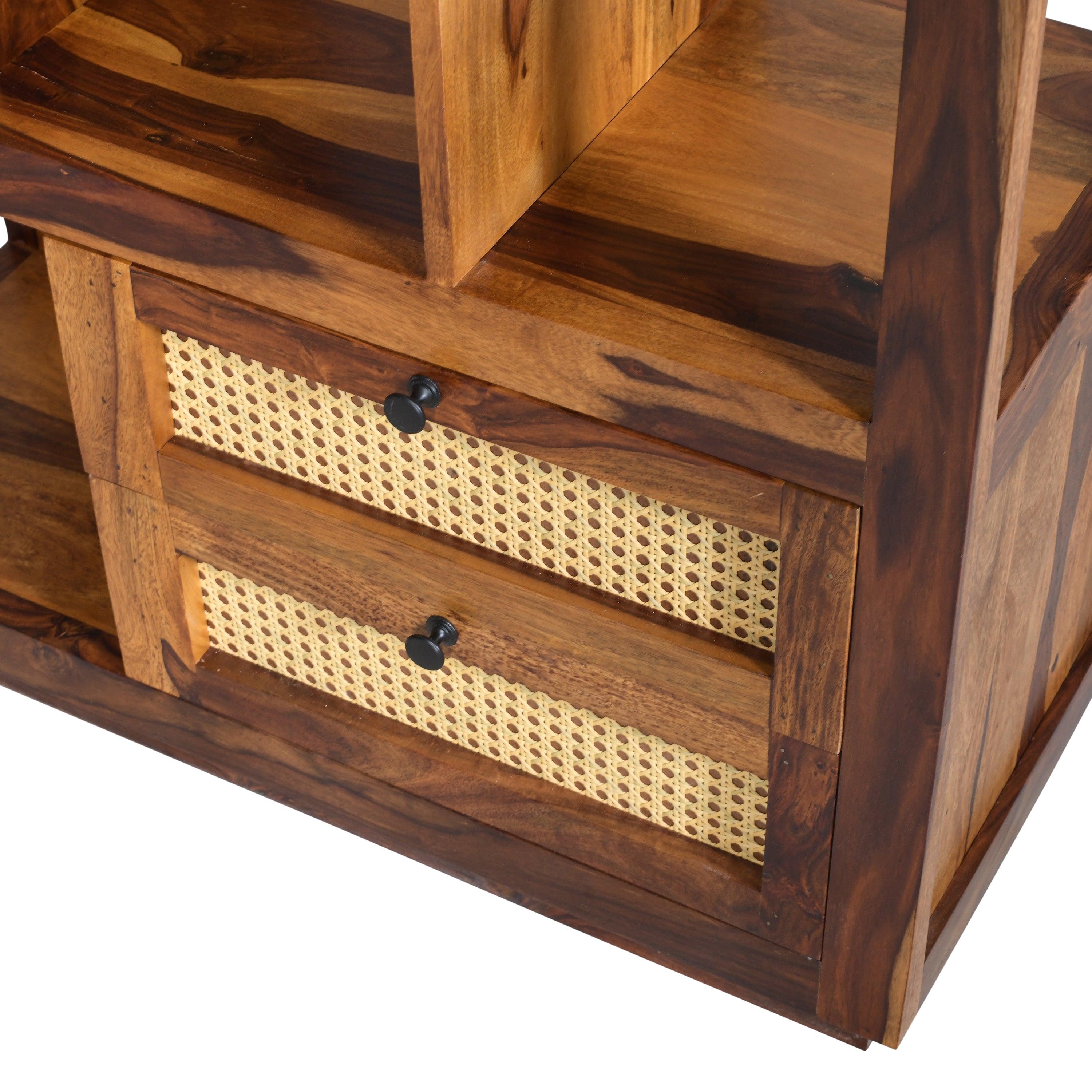 Solid Sheesham Wood Open Bookshelf with Cane Door & Drawers
