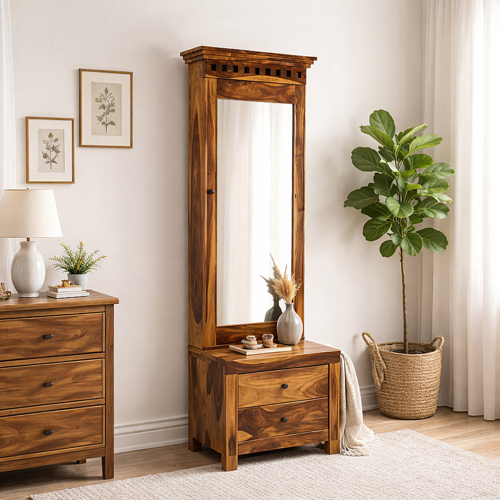 Solid Sheesham Wood Dressing Table with Mirror & 2 Drawer Storage – Natural Finish