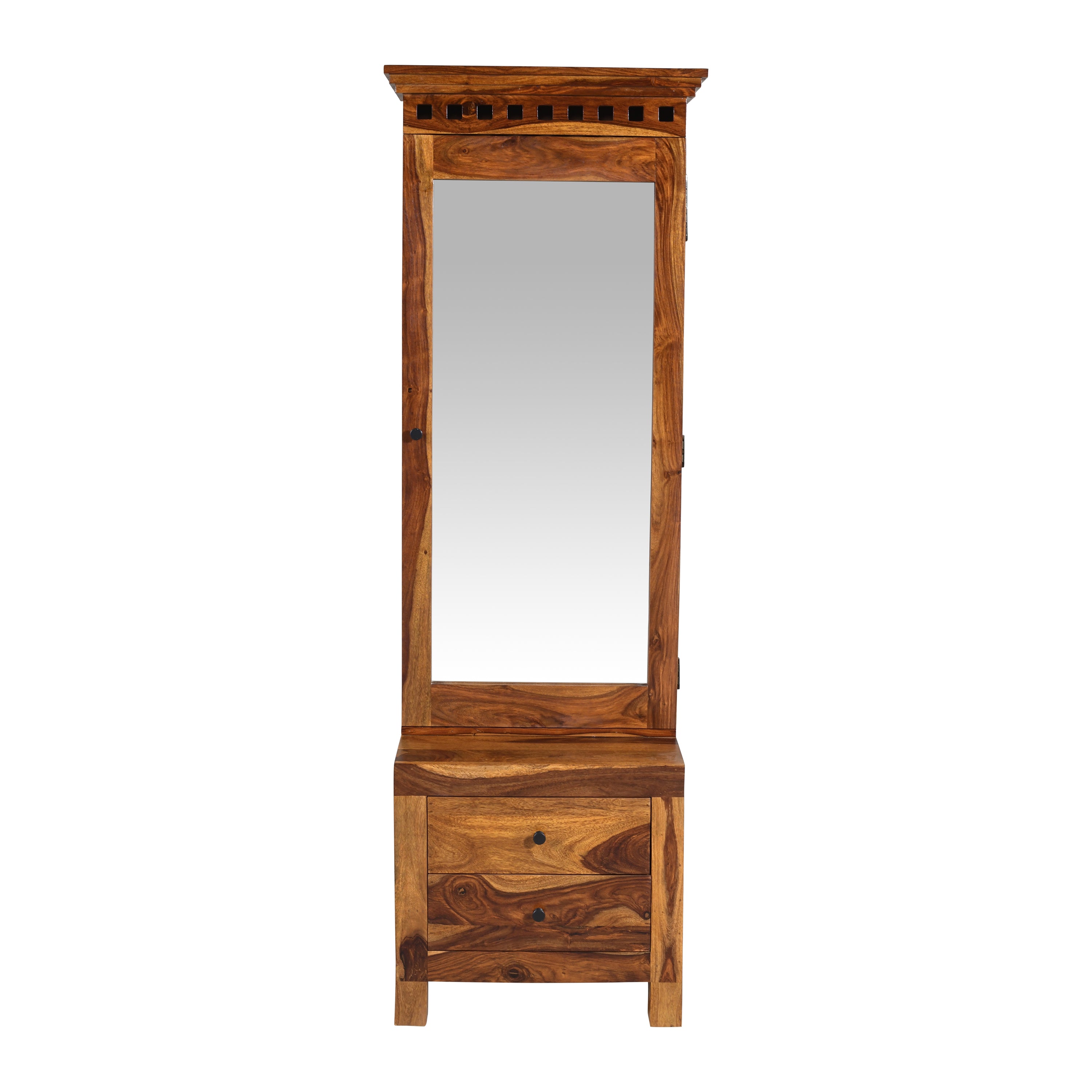 Solid Sheesham Wood Dressing Table with Mirror & 2 Drawer Storage – Natural Finish