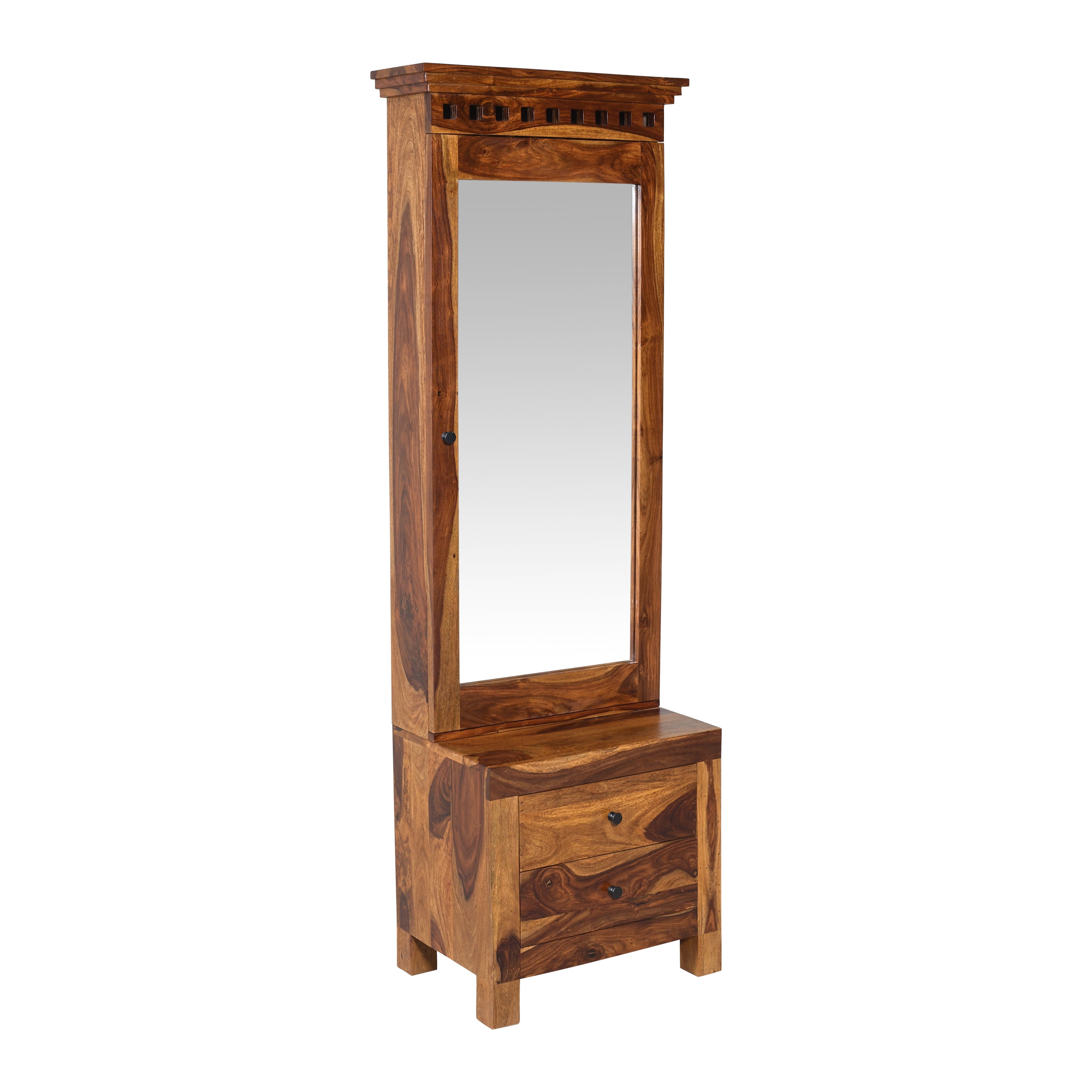 Solid Sheesham Wood Dressing Table with Mirror & 2 Drawer Storage – Natural Finish