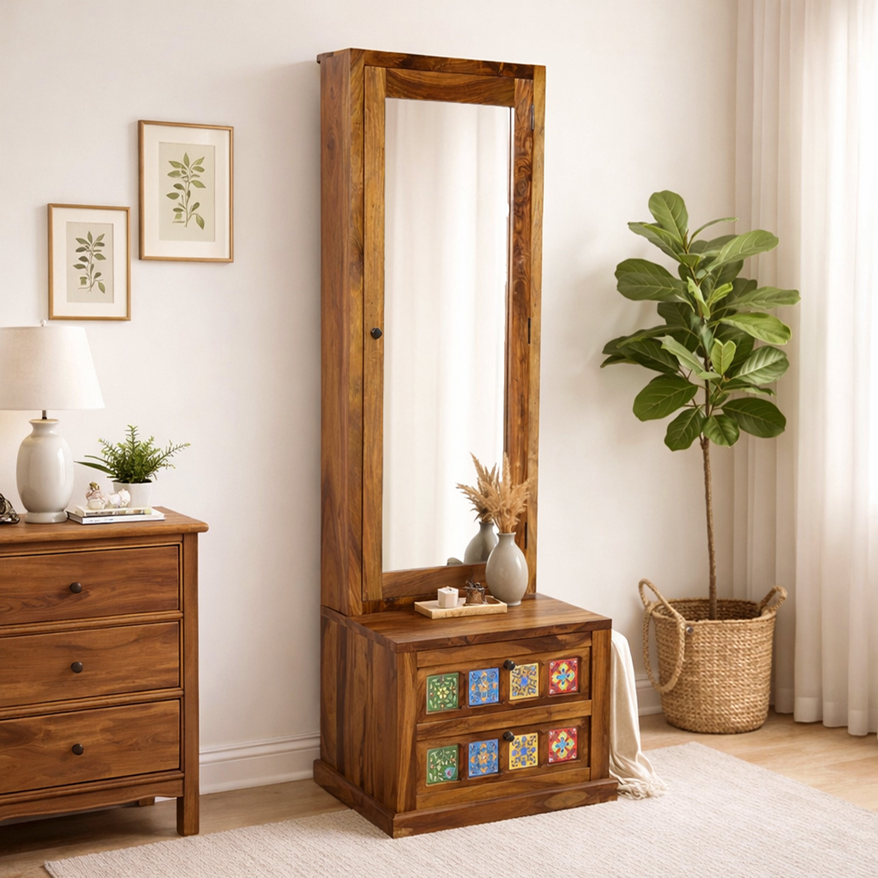 Solid Sheesham Wood Dressing Table with Mirror, Drawer Storage & Cabinet