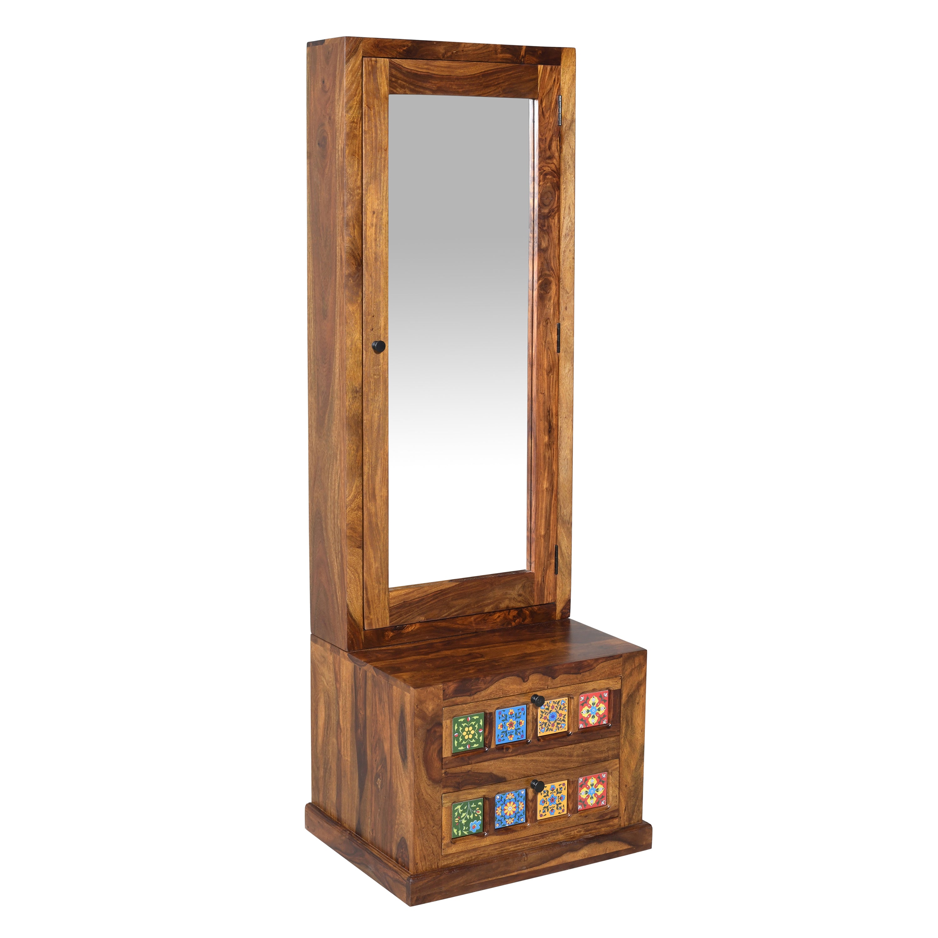Solid Sheesham Wood Dressing Table with Mirror, Drawer Storage & Cabinet
