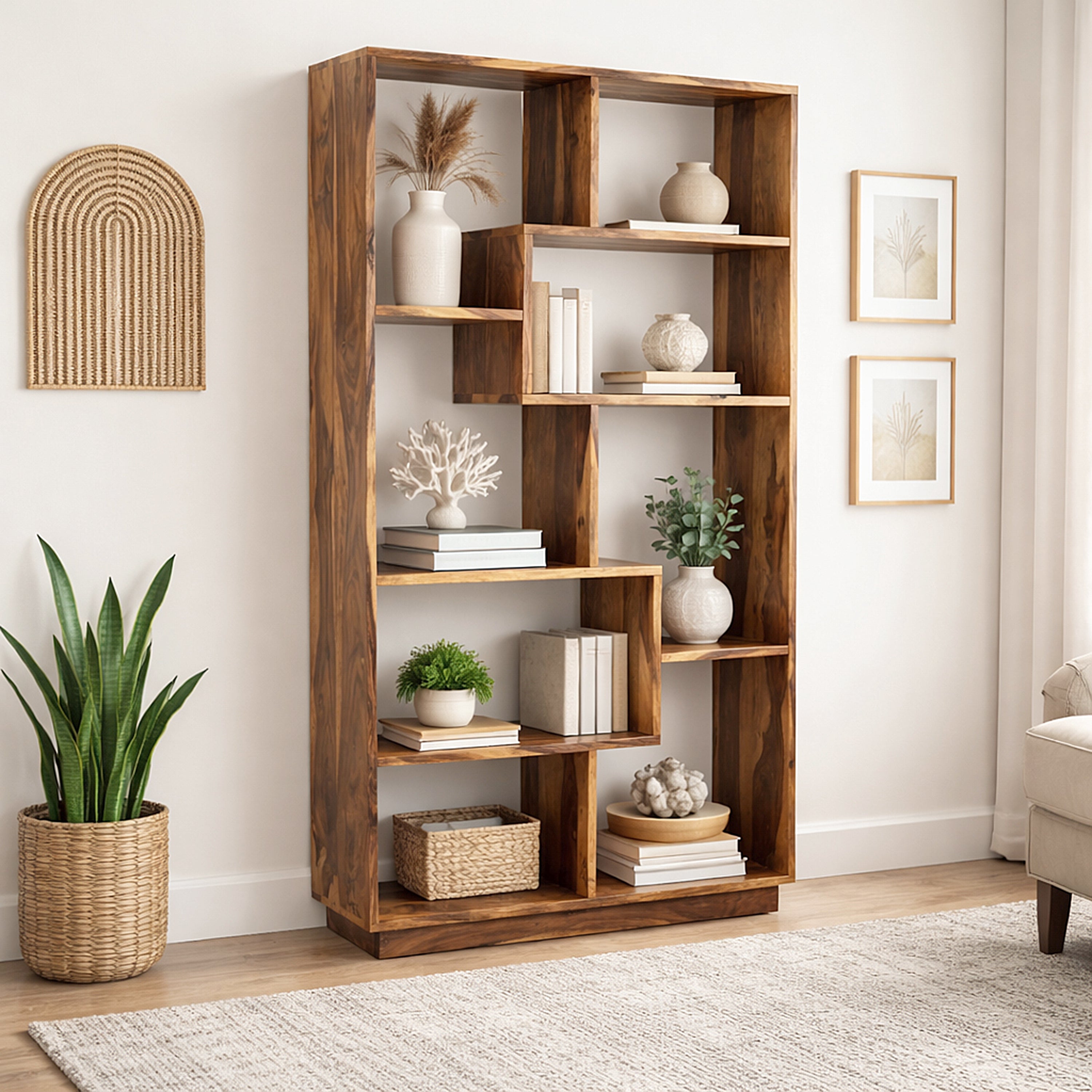 Solid Wood Open Bookshelf with Geometric Shelves