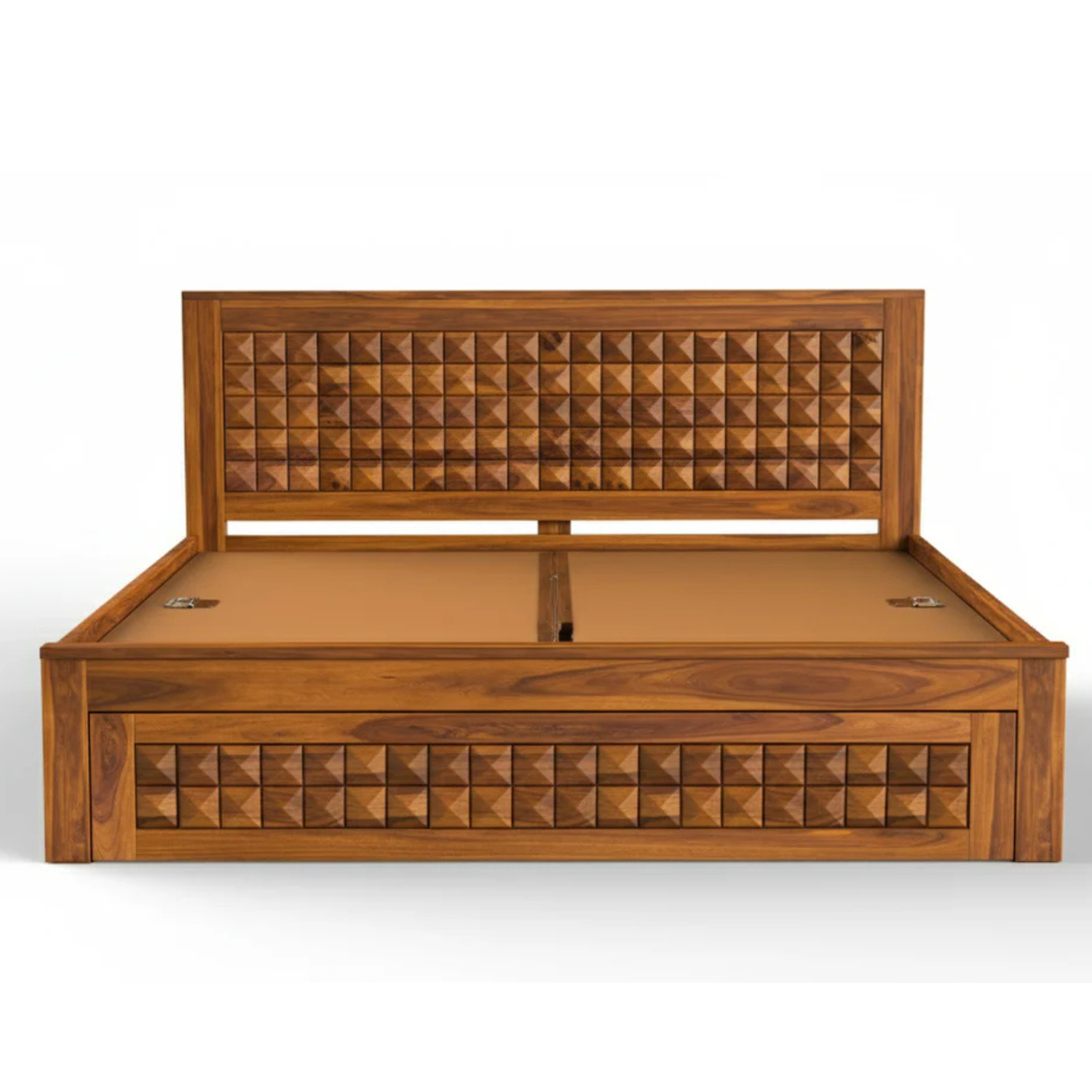 Diamond Solid Sheesham Wood Bed with Diamond Carved Headboard and Drawer Storage