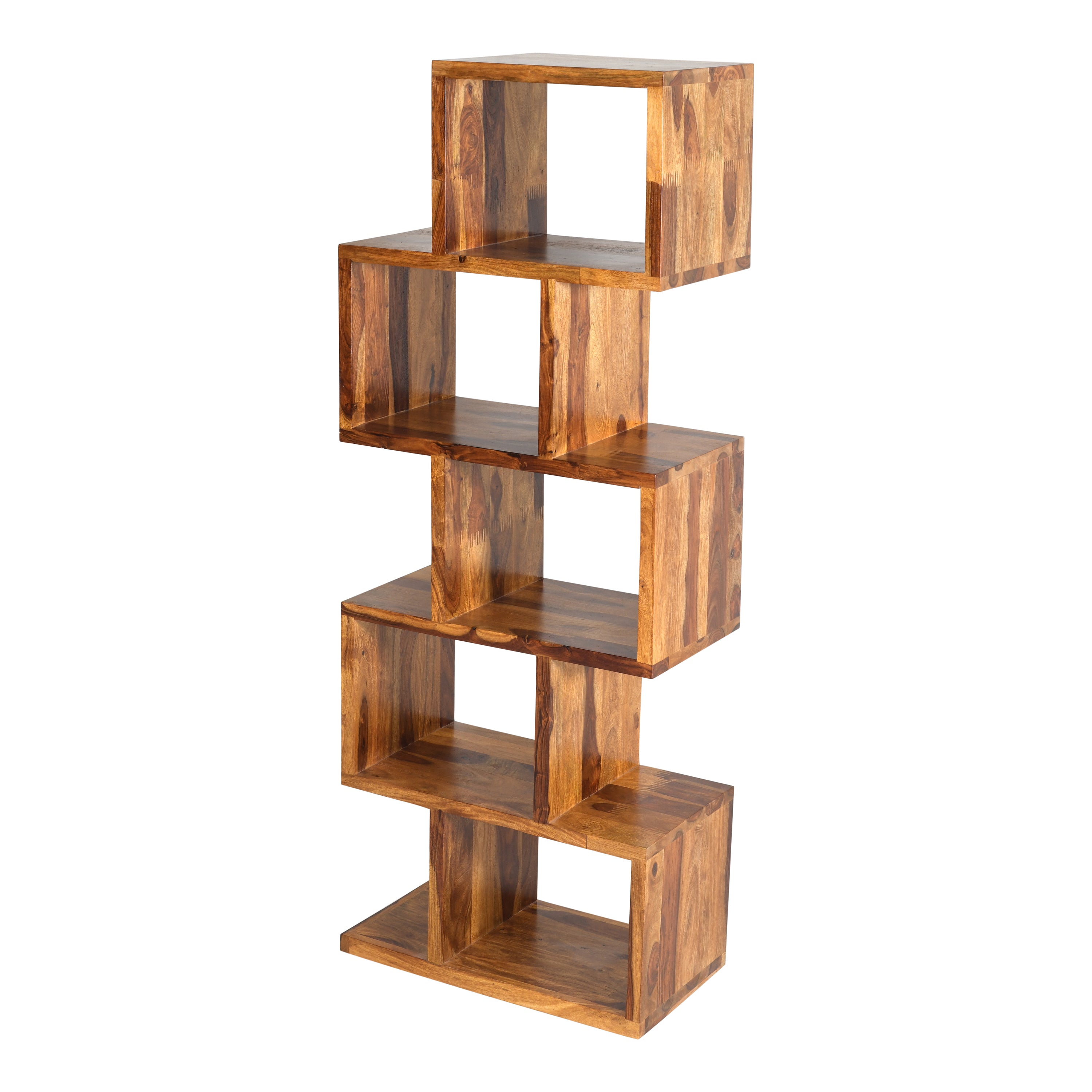 Solid Wood Zigzag Display Shelf – Modern Open Storage Bookcase in Natural Finish