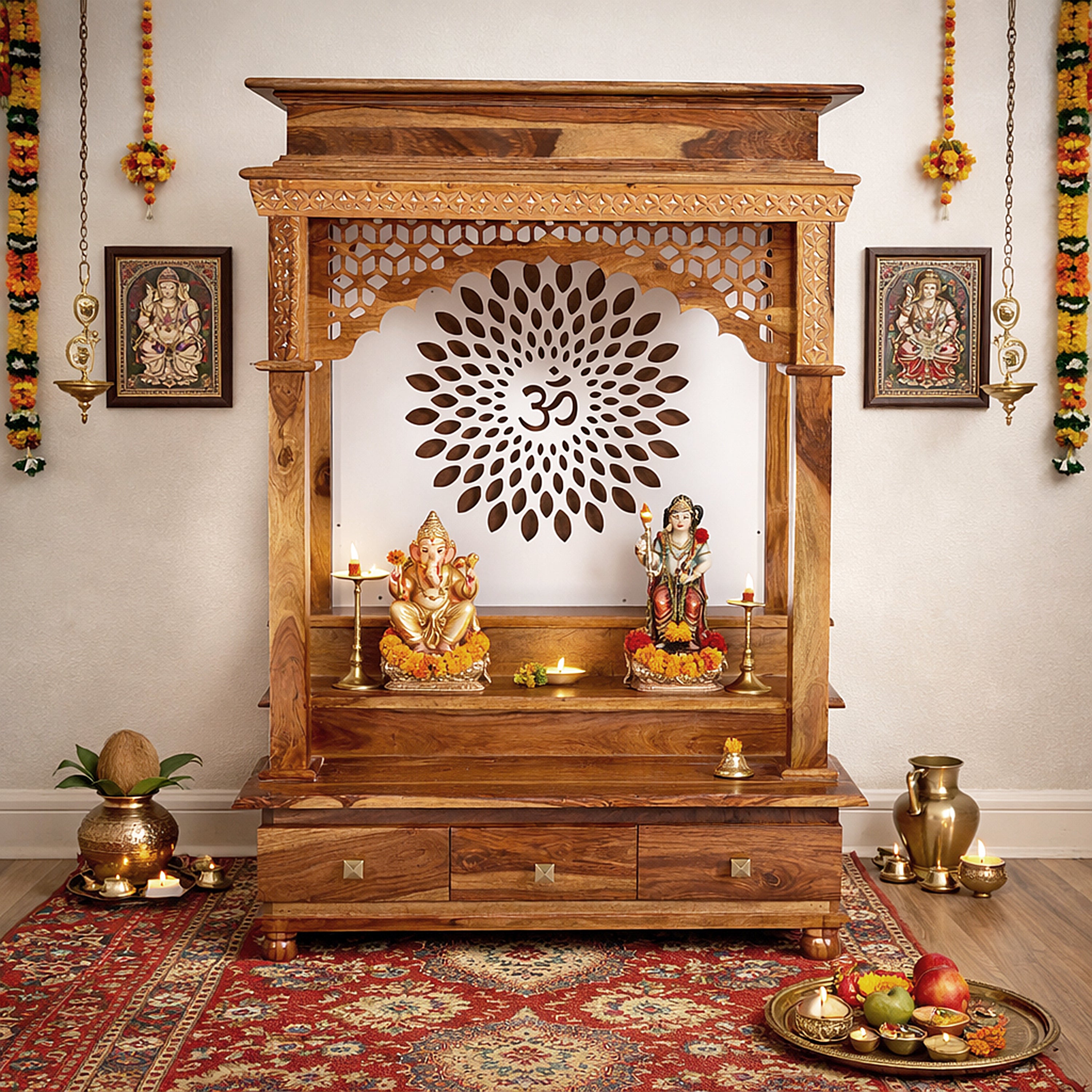 Solid Wood Mandir / Home Temple with Om Carving & Storage Drawers