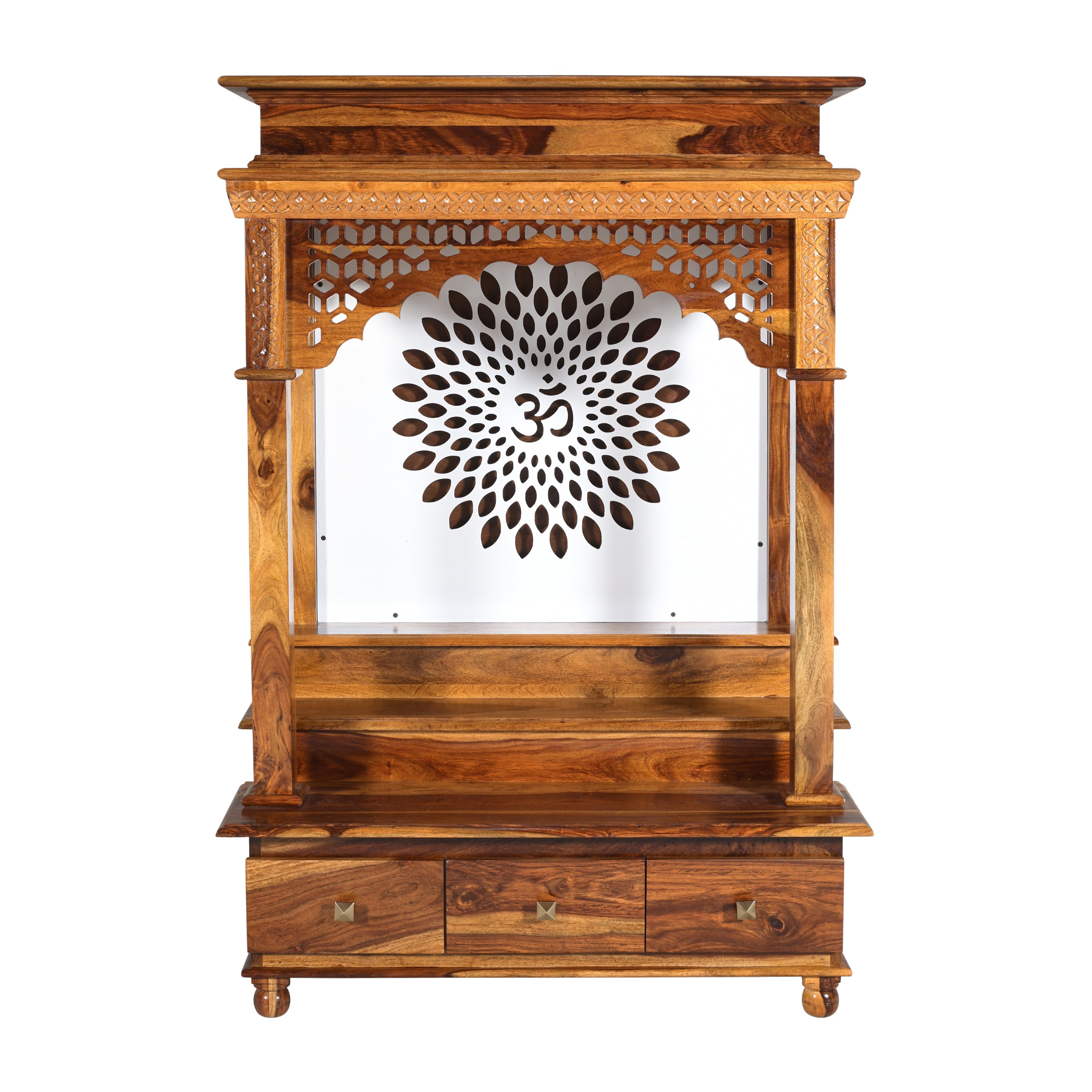 Solid Wood Mandir / Home Temple with Om Carving & Storage Drawers