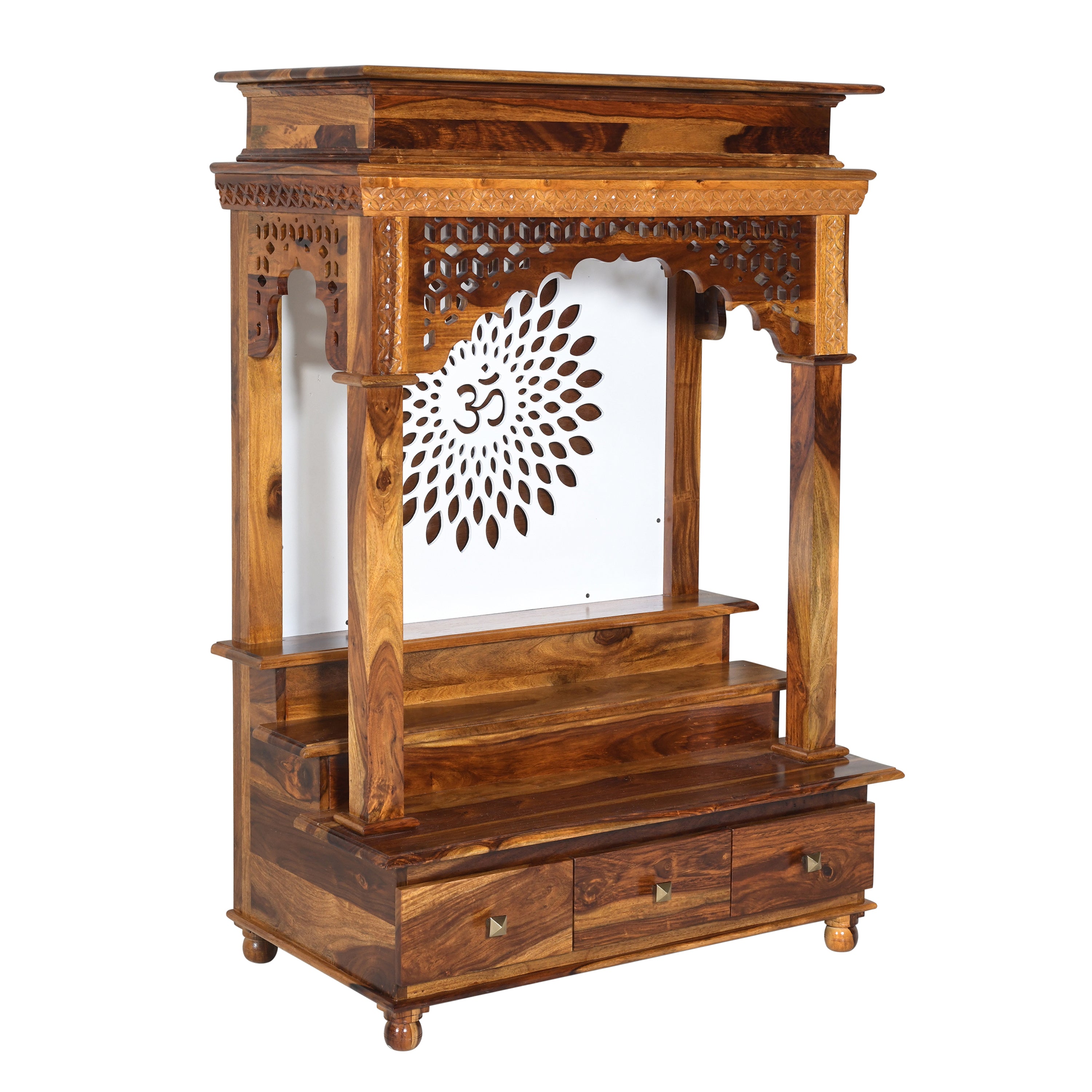 Solid Wood Mandir / Home Temple with Om Carving & Storage Drawers