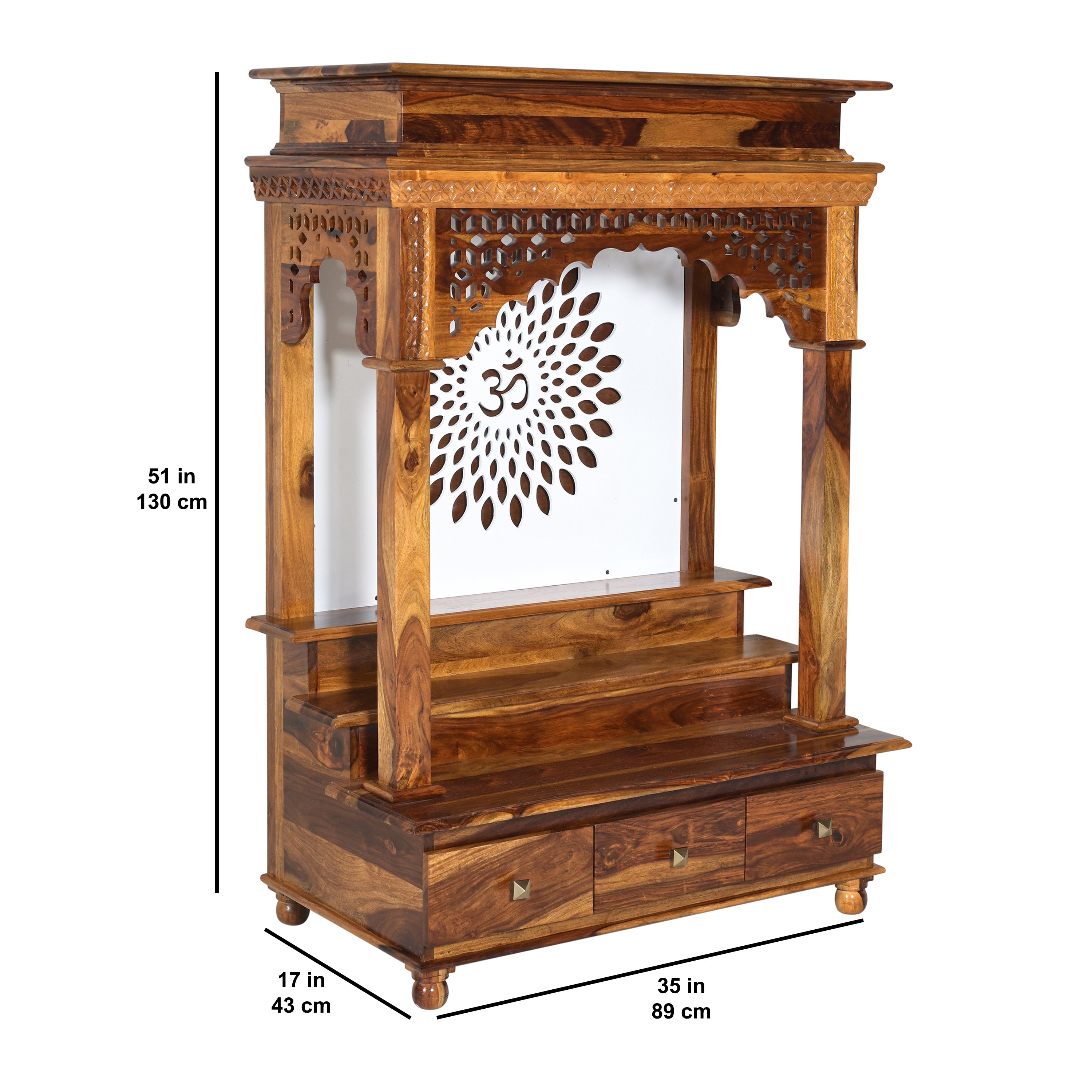 Solid Wood Mandir / Home Temple with Om Carving & Storage Drawers