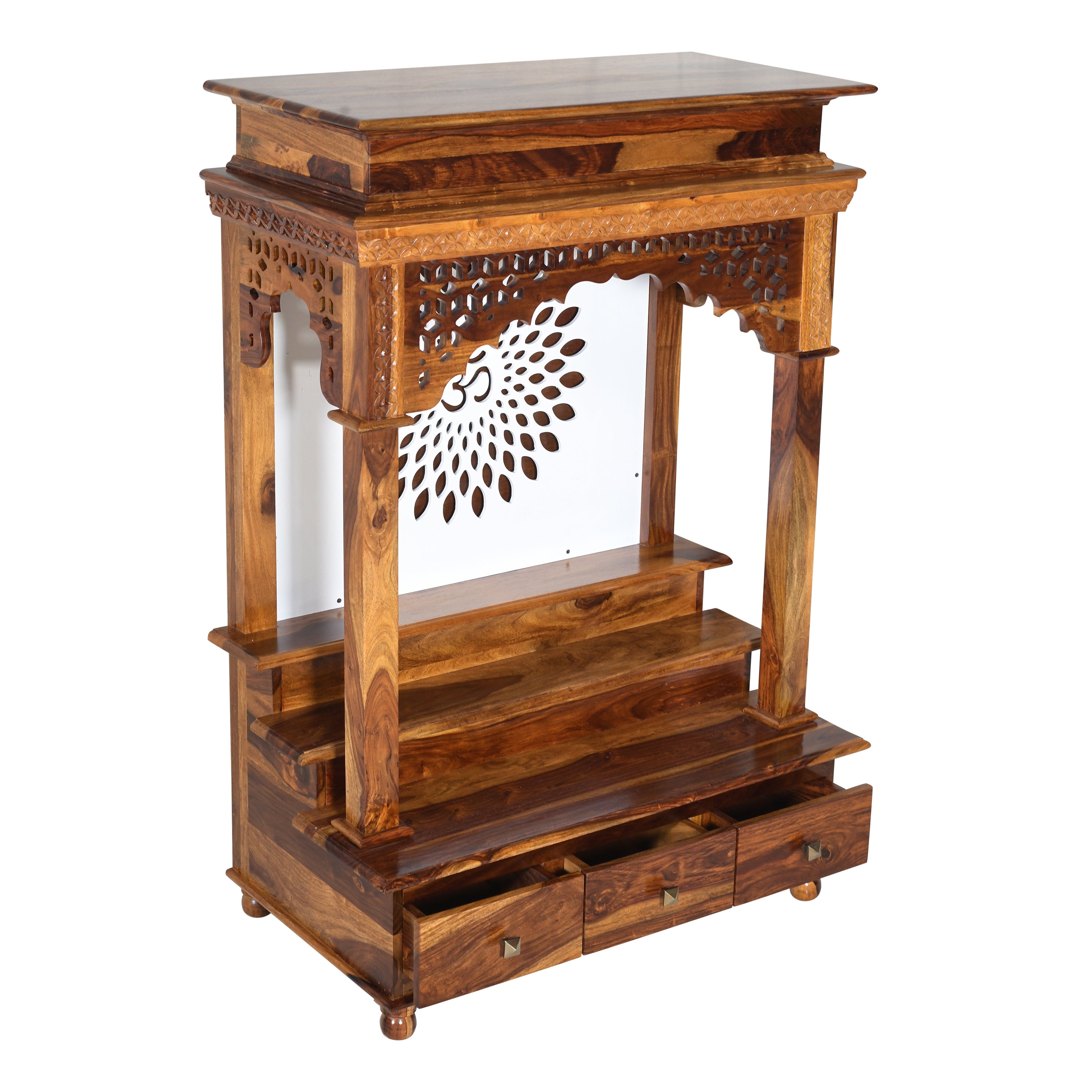 Solid Wood Mandir / Home Temple with Om Carving & Storage Drawers