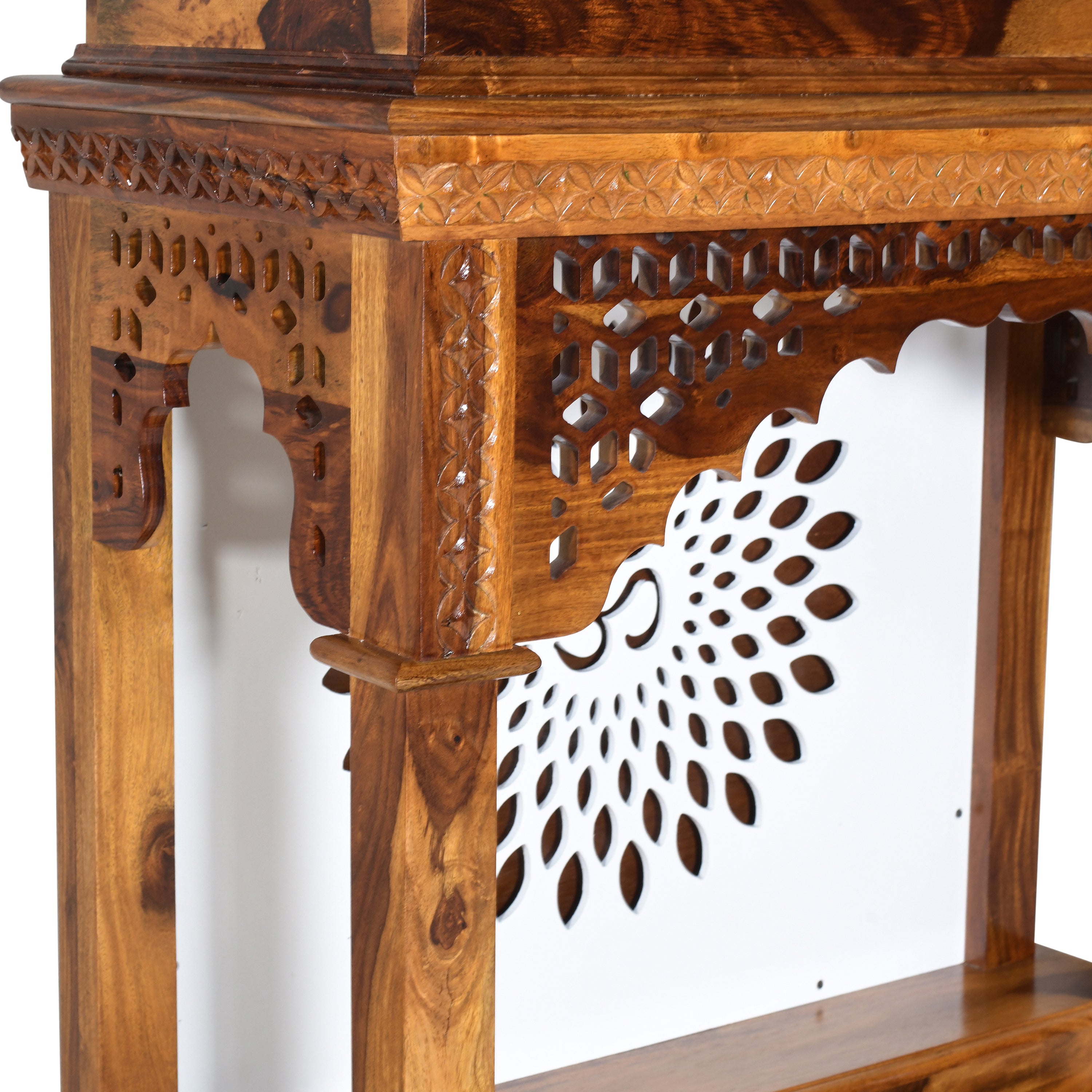 Solid Wood Mandir / Home Temple with Om Carving & Storage Drawers