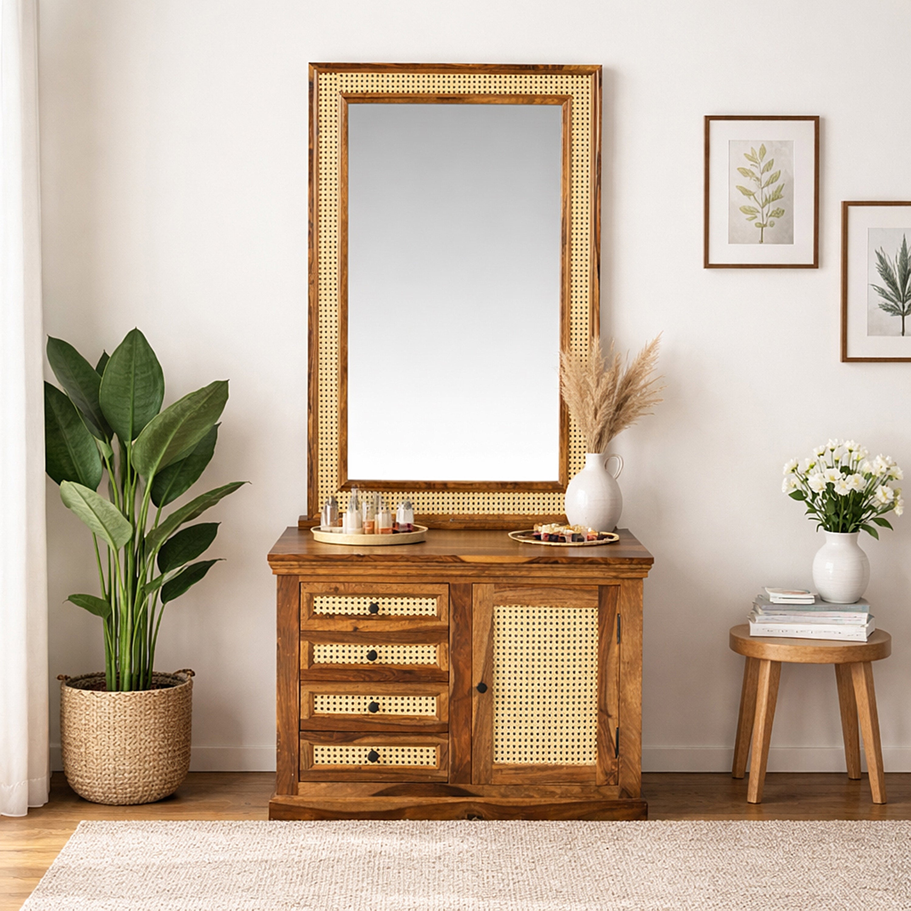 Solid Sheesham Wood Dressing Table with Cane Panel Design, Mirror, Drawers & Cabinet
