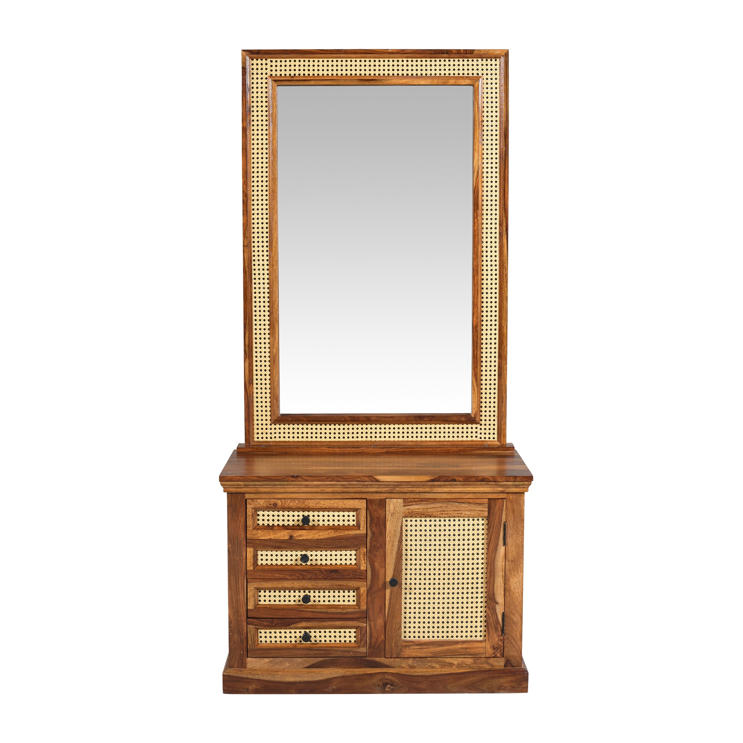 Solid Sheesham Wood Dressing Table with Cane Panel Design, Mirror, Drawers & Cabinet