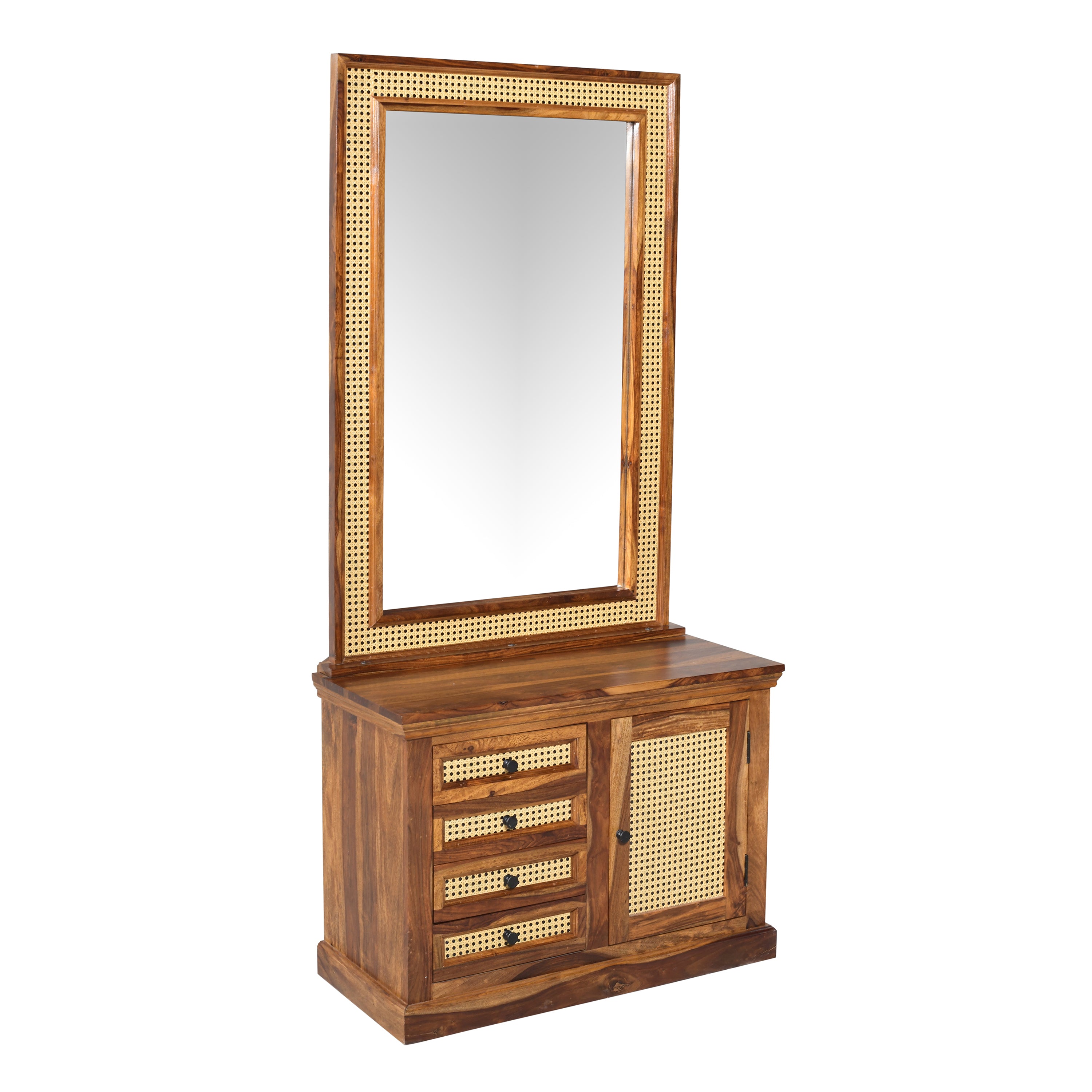 Solid Sheesham Wood Dressing Table with Cane Panel Design, Mirror, Drawers & Cabinet