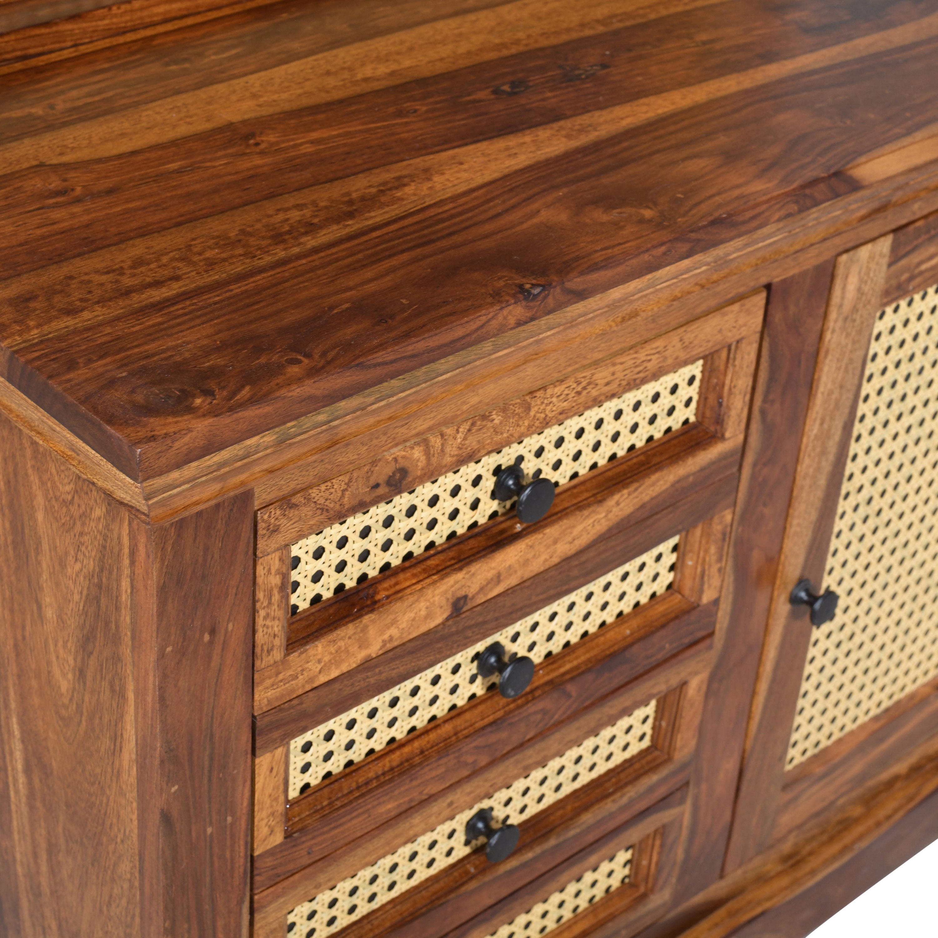 Solid Sheesham Wood Dressing Table with Cane Panel Design, Mirror, Drawers & Cabinet