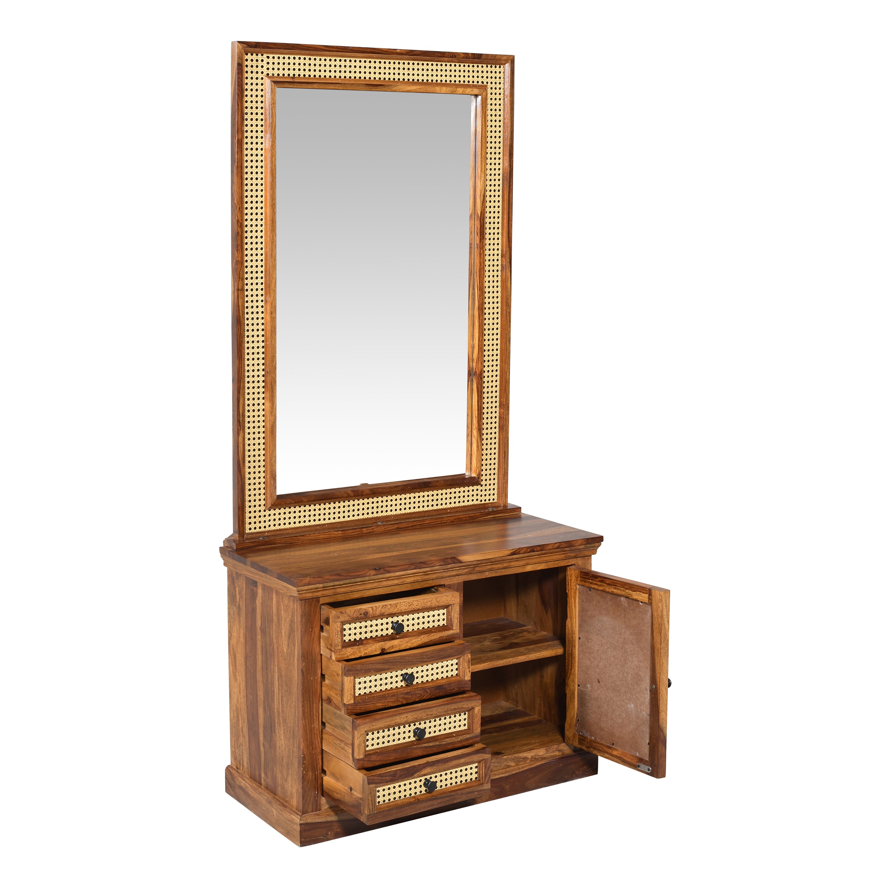 Solid Sheesham Wood Dressing Table with Cane Panel Design, Mirror, Drawers & Cabinet