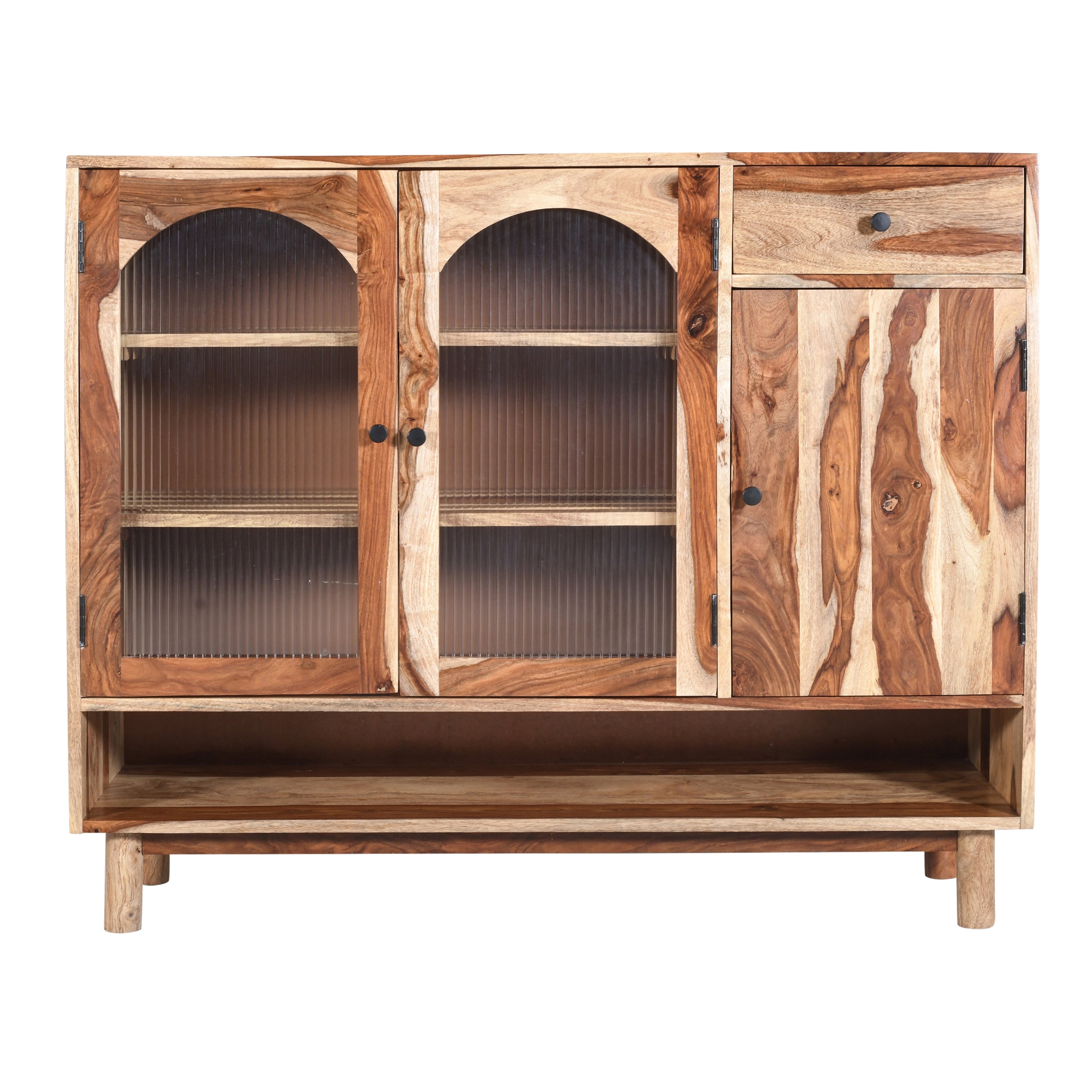 Solid Wood Sideboard Cabinet with Glass Doors & Drawer