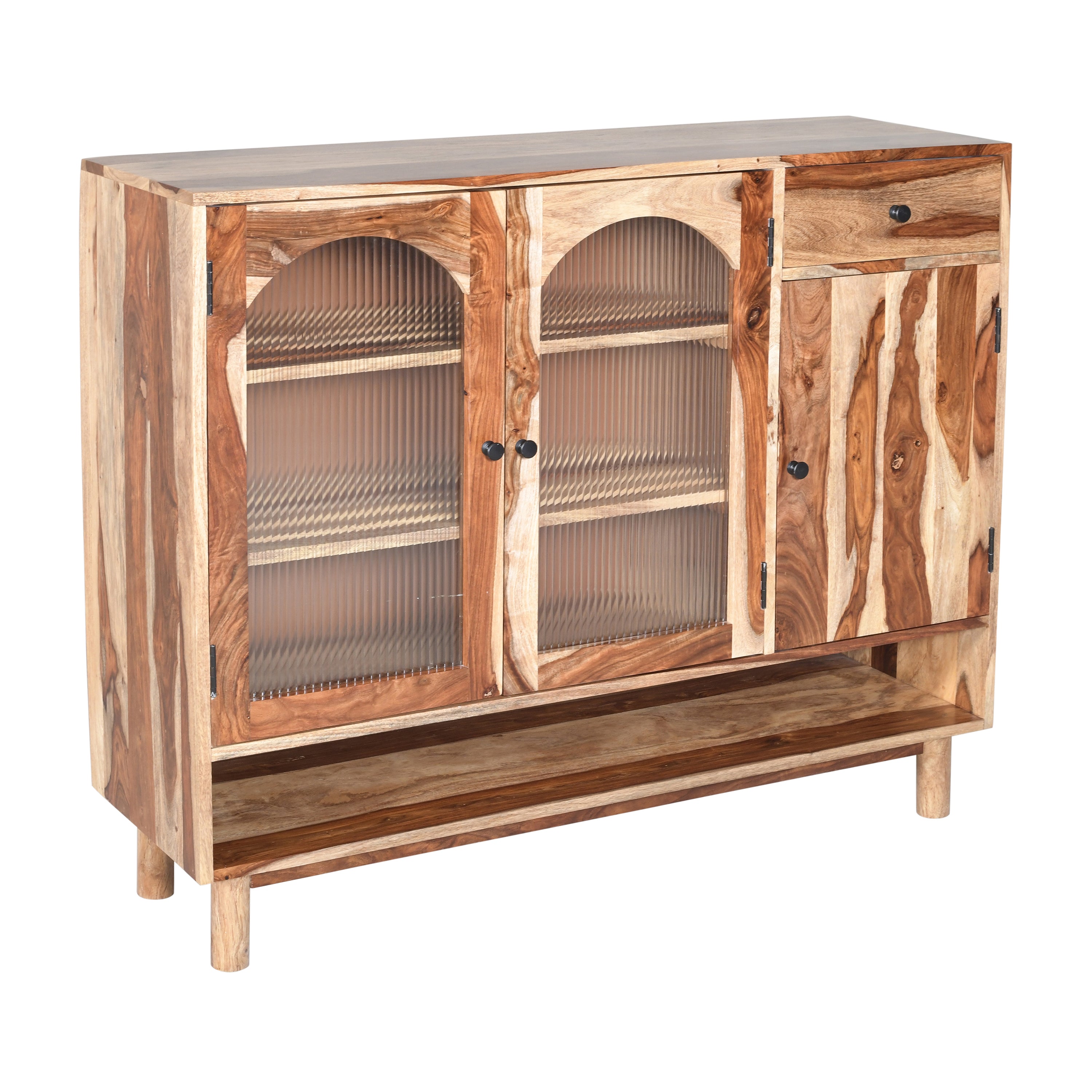 Solid Wood Sideboard Cabinet with Glass Doors & Drawer