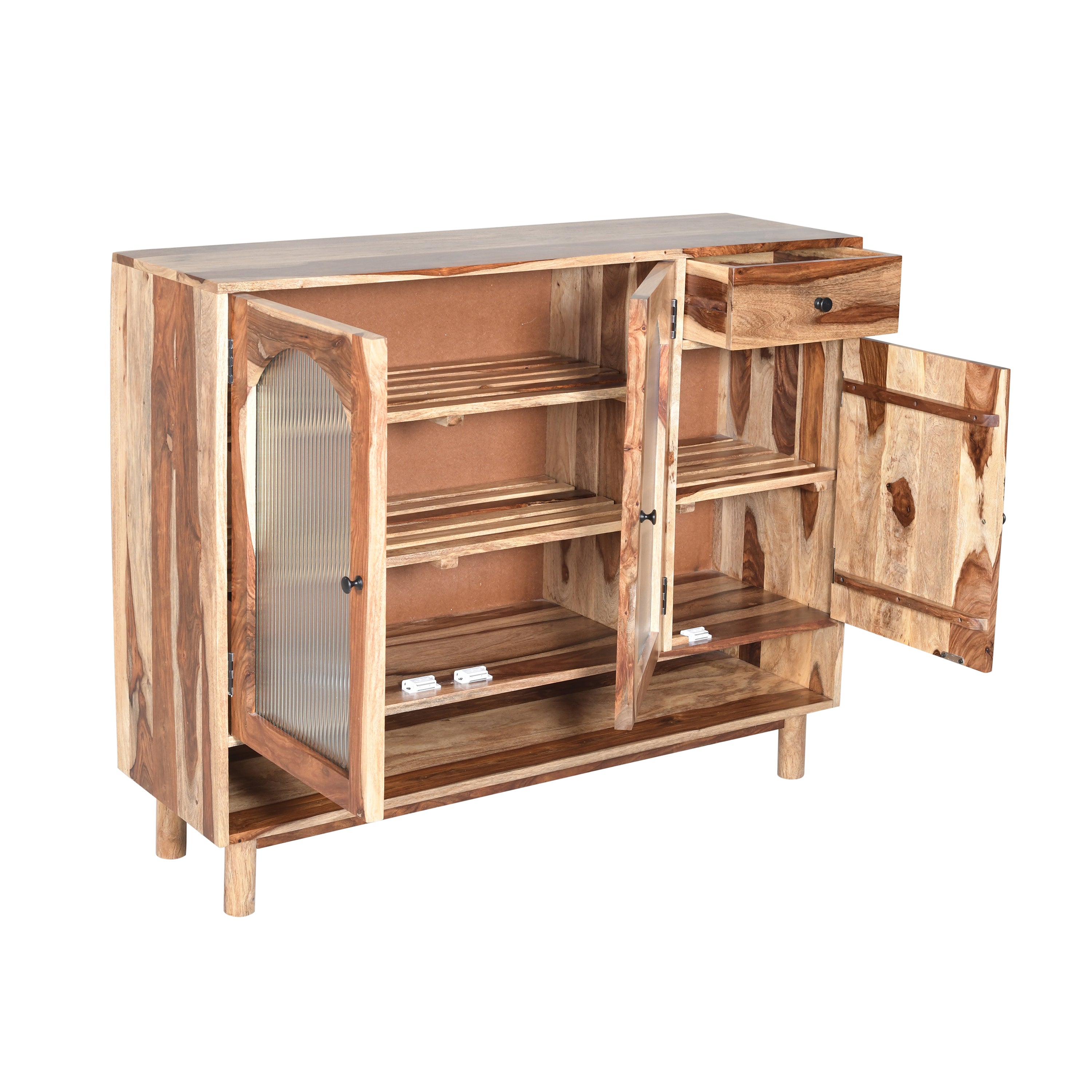 Solid Wood Sideboard Cabinet with Glass Doors & Drawer