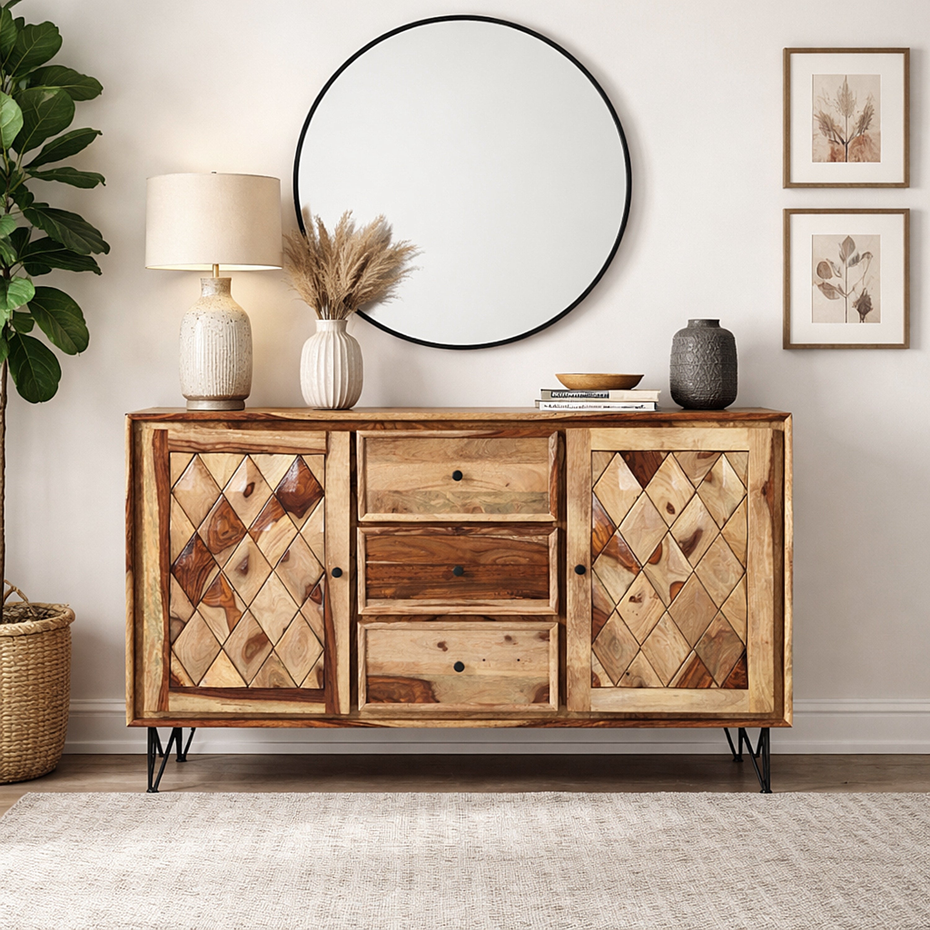 Solid Wood Sideboard with Geometric Panel Doors, Drawers & Storage