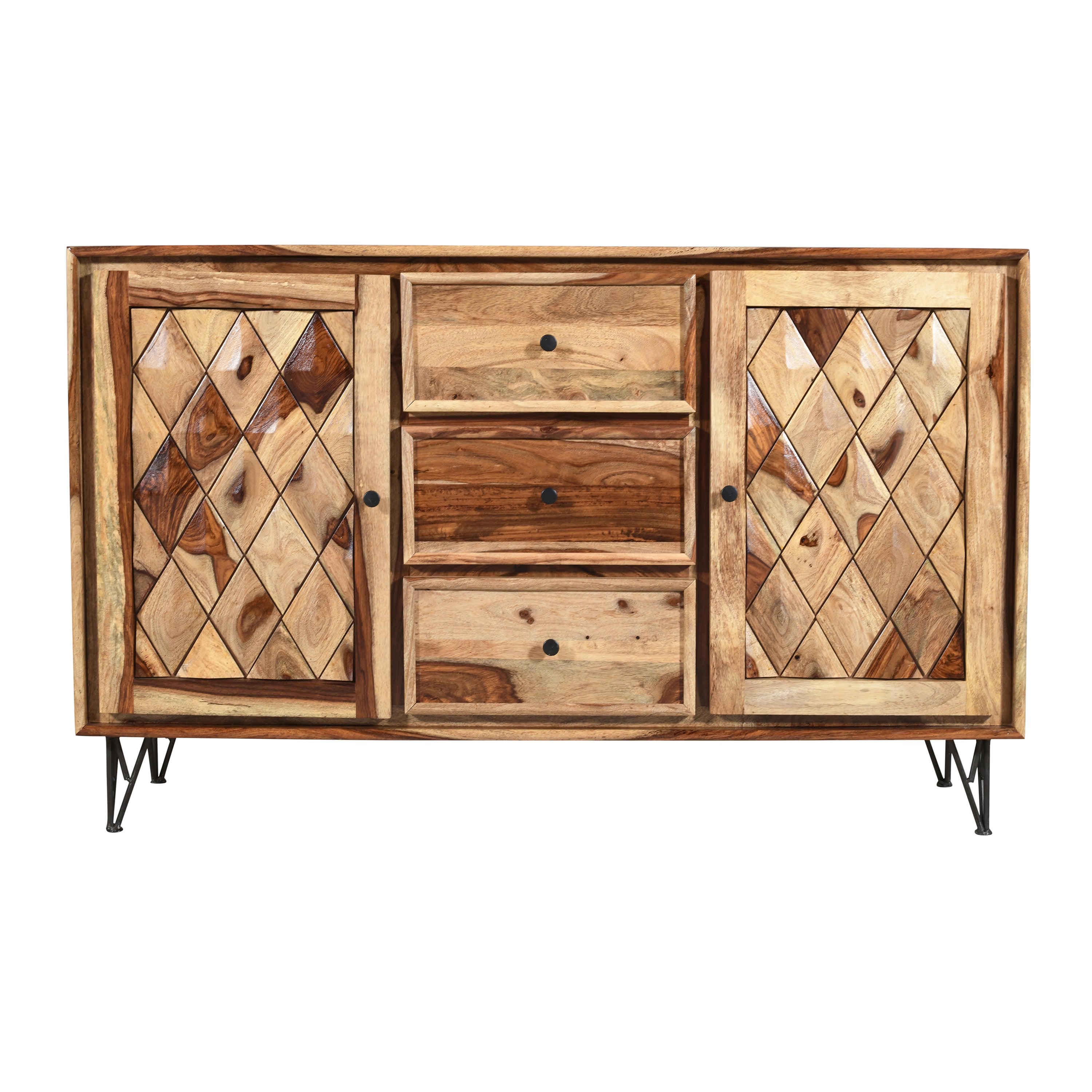 Solid Wood Sideboard with Geometric Panel Doors, Drawers & Storage
