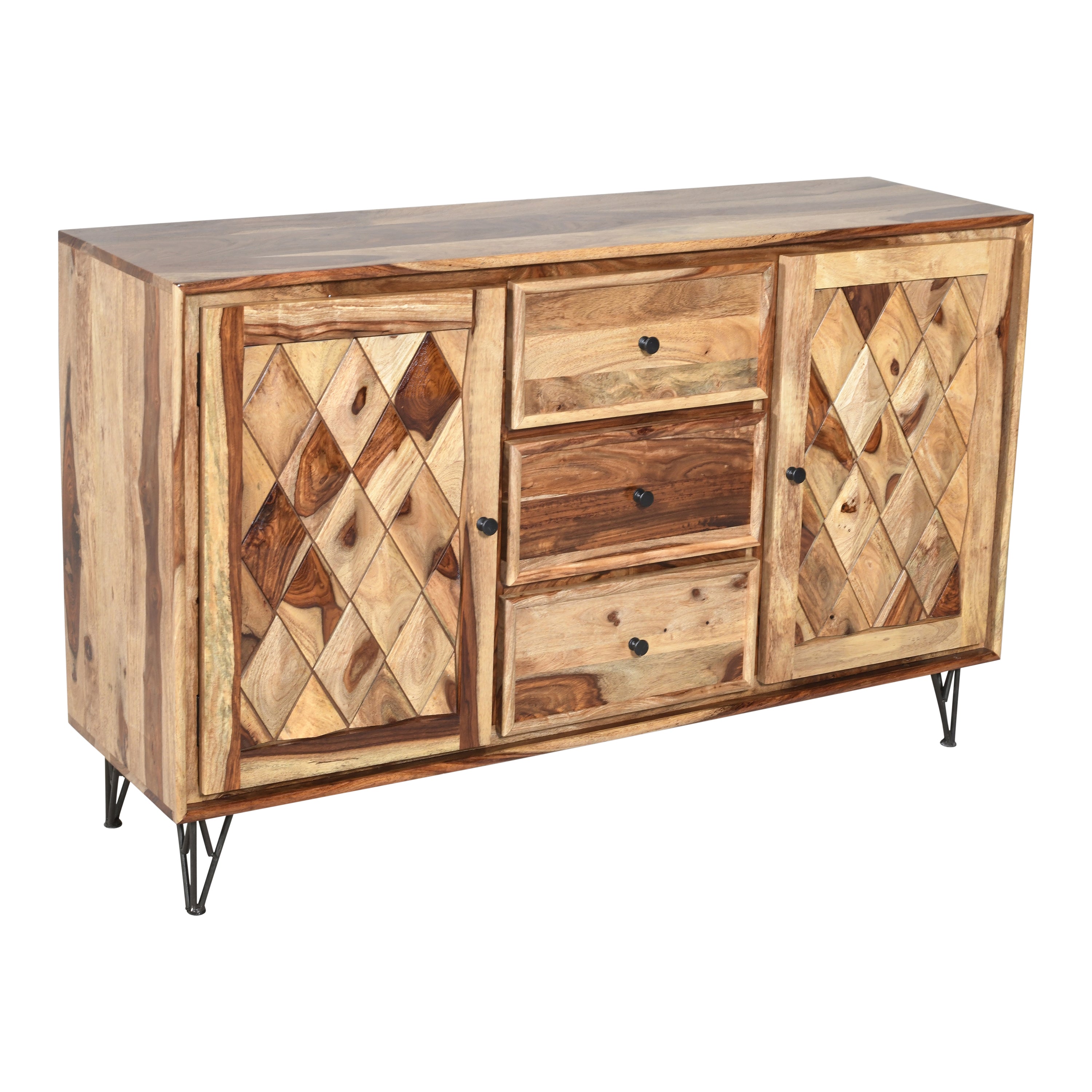 Solid Wood Sideboard with Geometric Panel Doors, Drawers & Storage