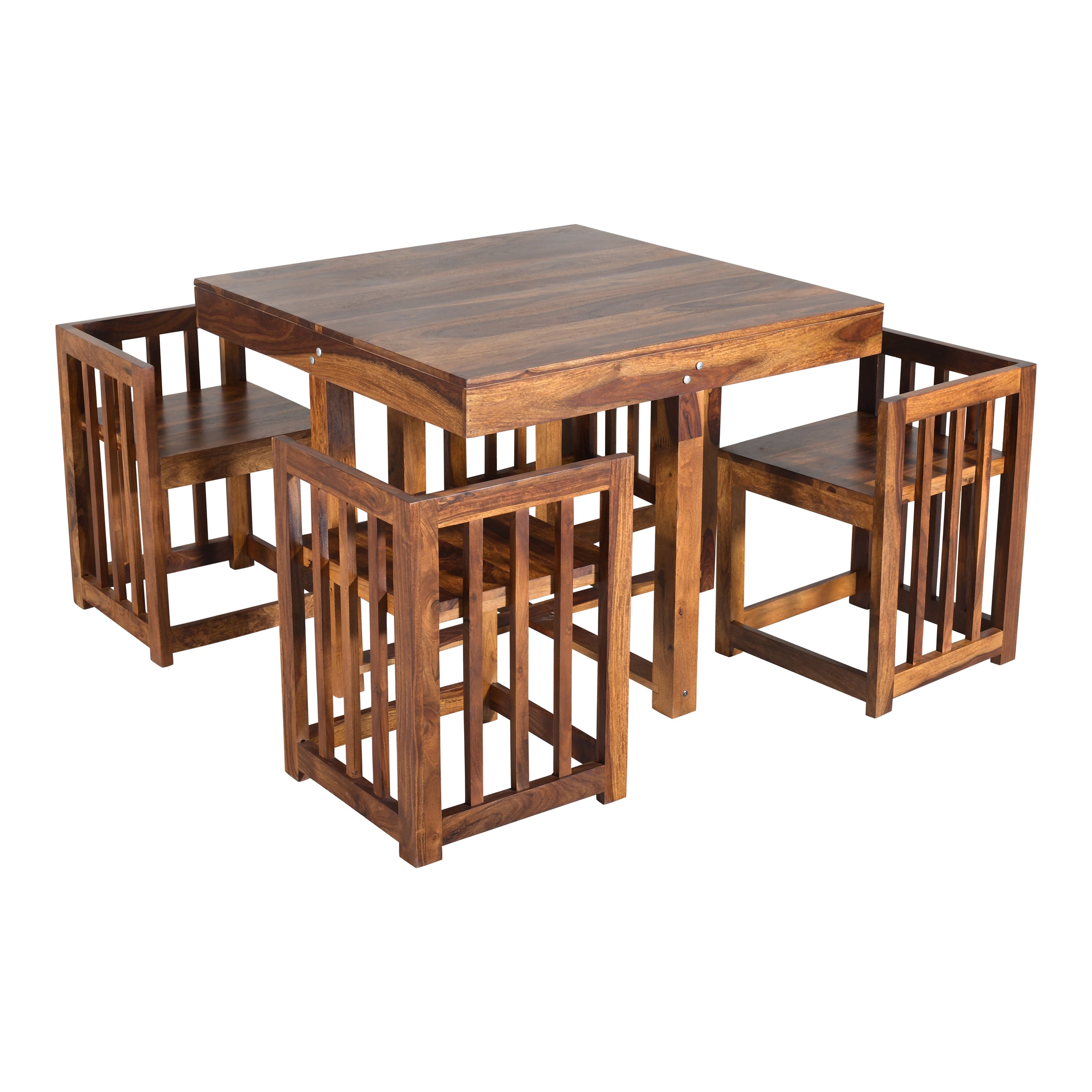 Solid Sheesham Wood 4-Seater Dining Table Set with Nesting Chairs