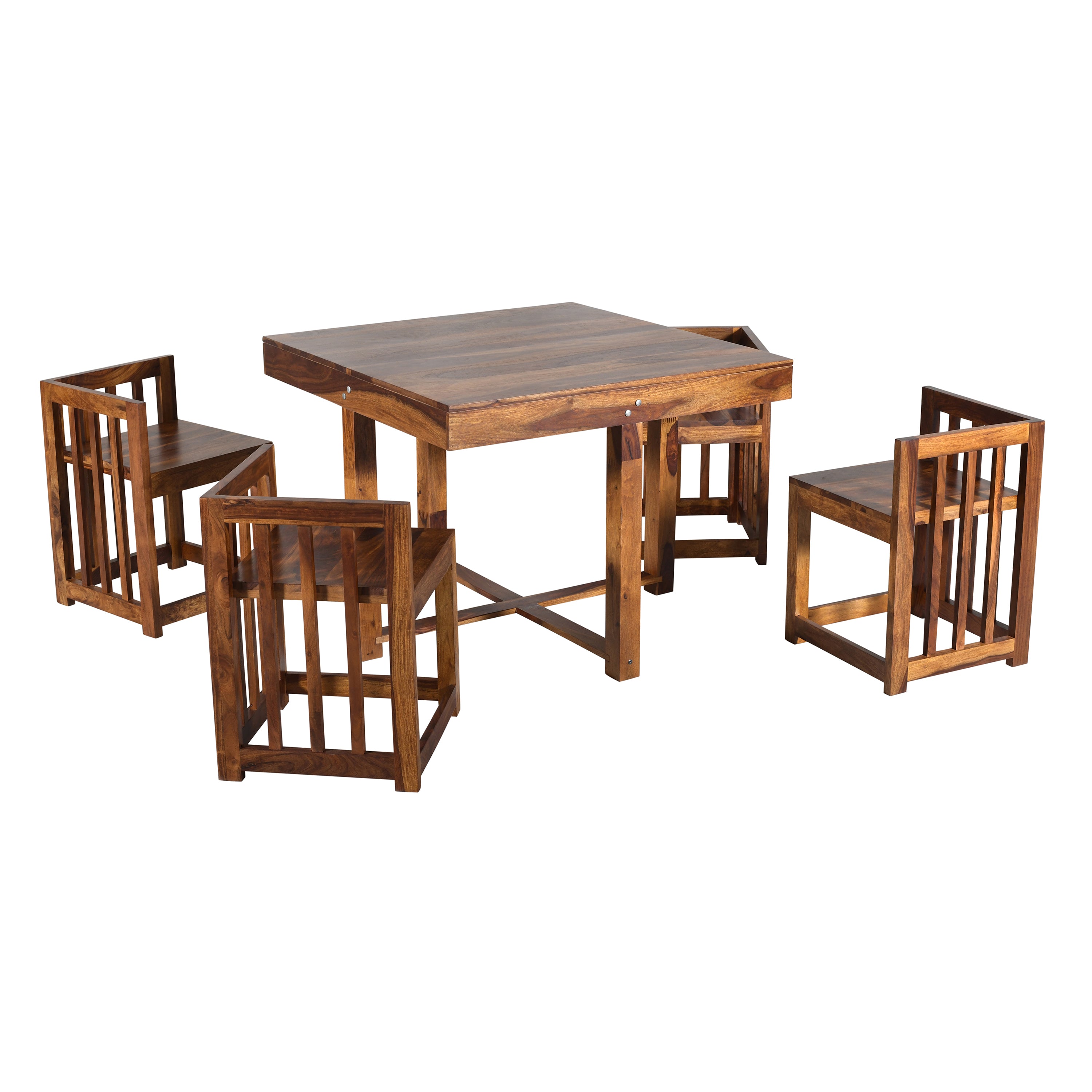 Solid Sheesham Wood 4-Seater Dining Table Set with Nesting Chairs