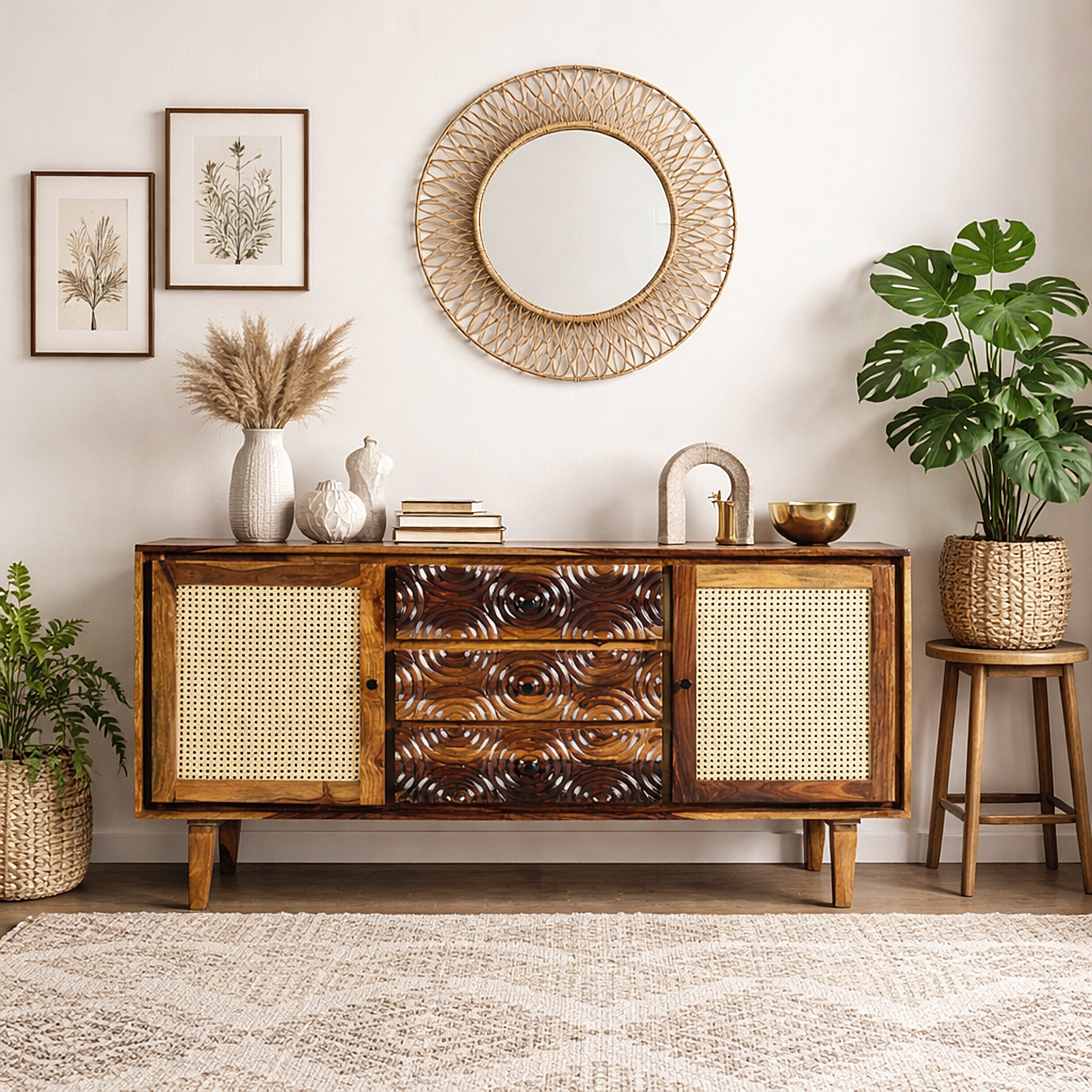 Solid Wood Sideboard with Cane Doors & Hand-Carved Drawer Fronts