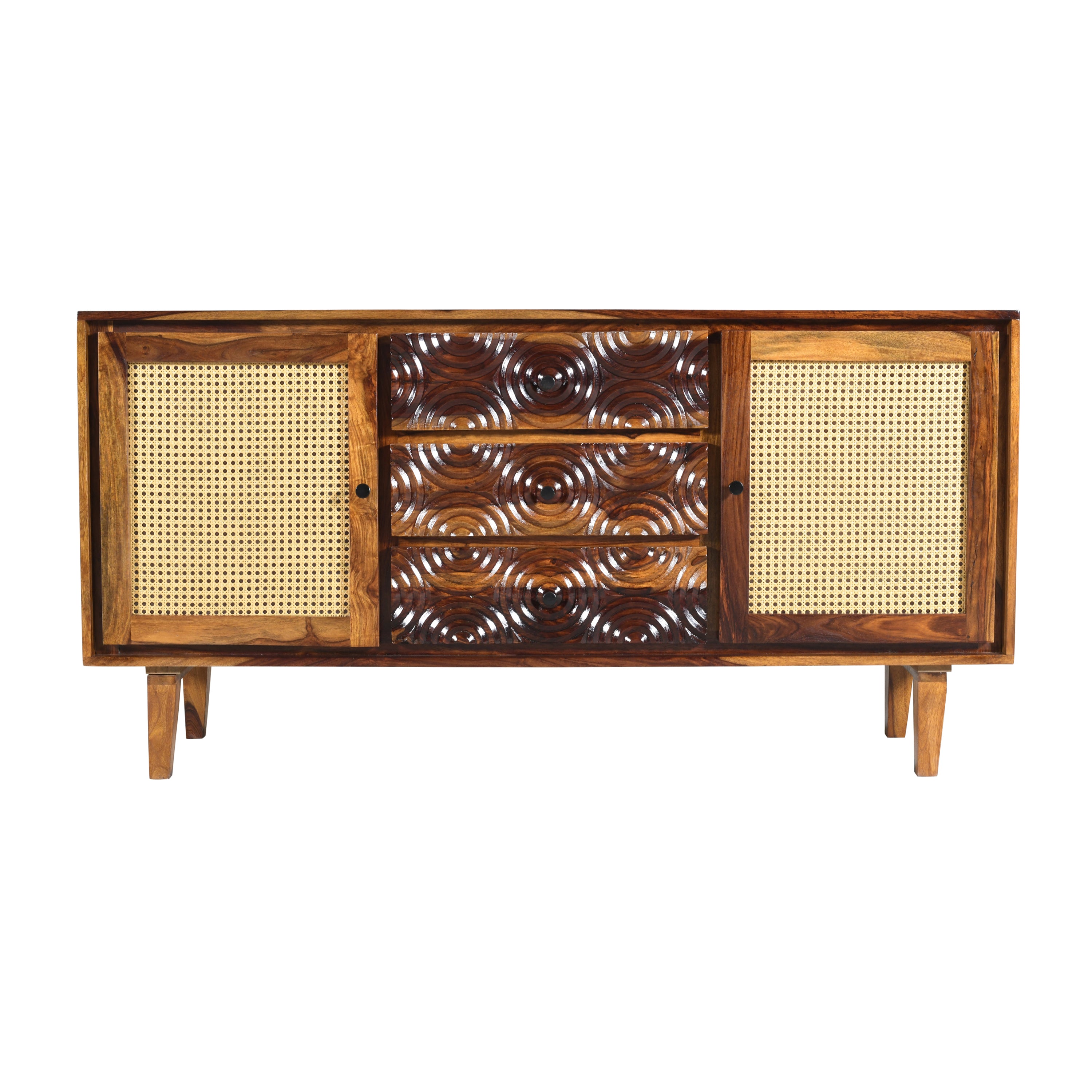 Solid Wood Sideboard with Cane Doors & Hand-Carved Drawer Fronts