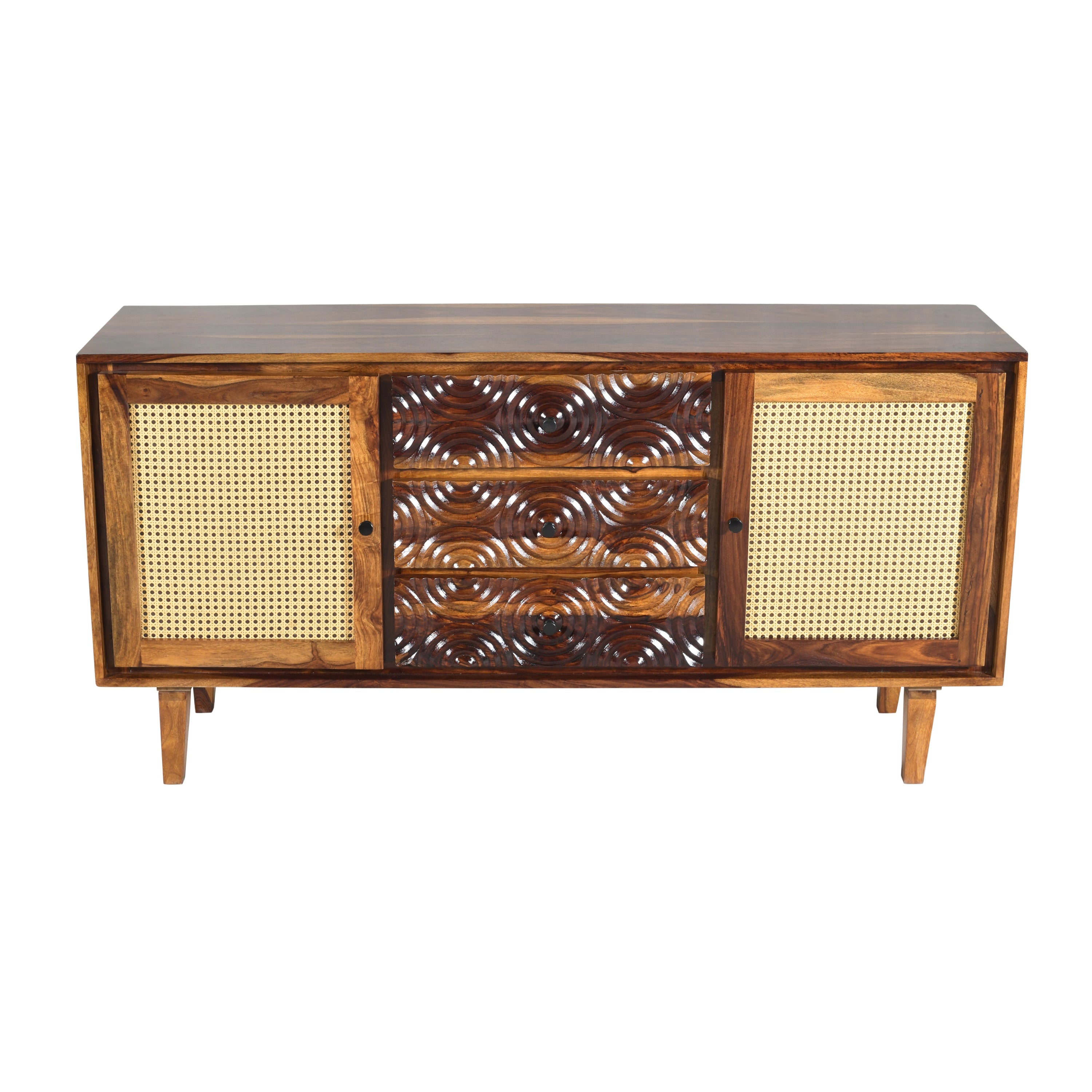Solid Wood Sideboard with Cane Doors & Hand-Carved Drawer Fronts