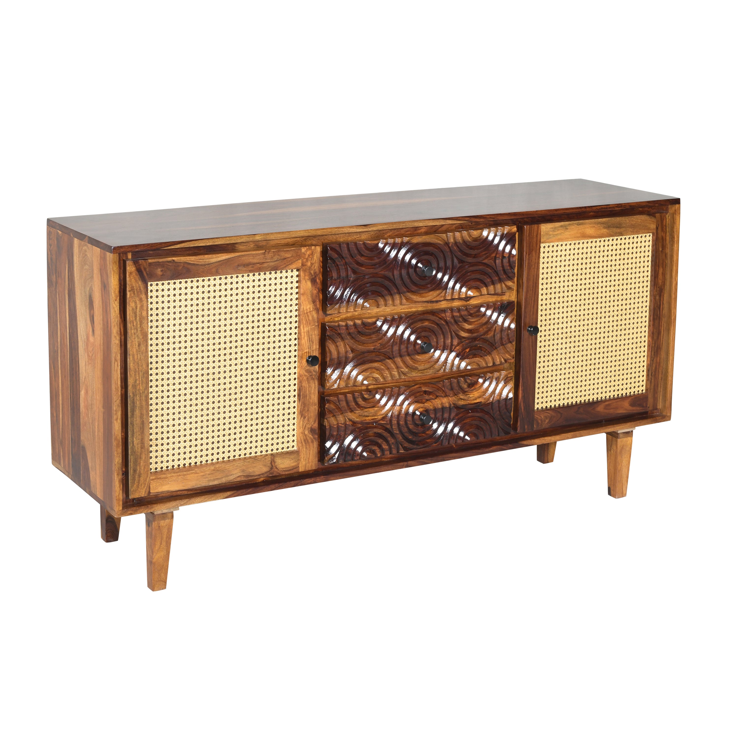 Solid Wood Sideboard with Cane Doors & Hand-Carved Drawer Fronts