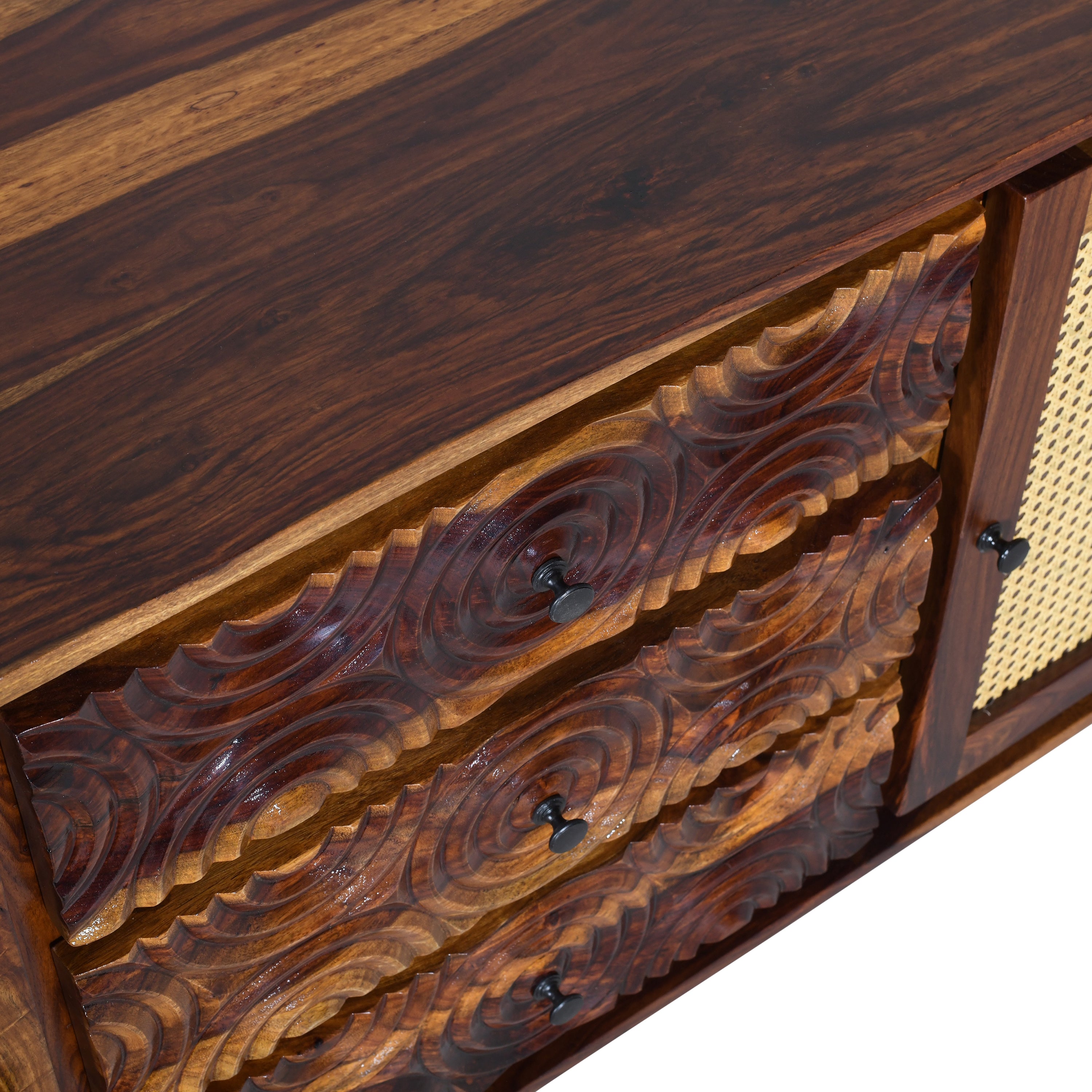 Solid Wood Sideboard with Cane Doors & Hand-Carved Drawer Fronts