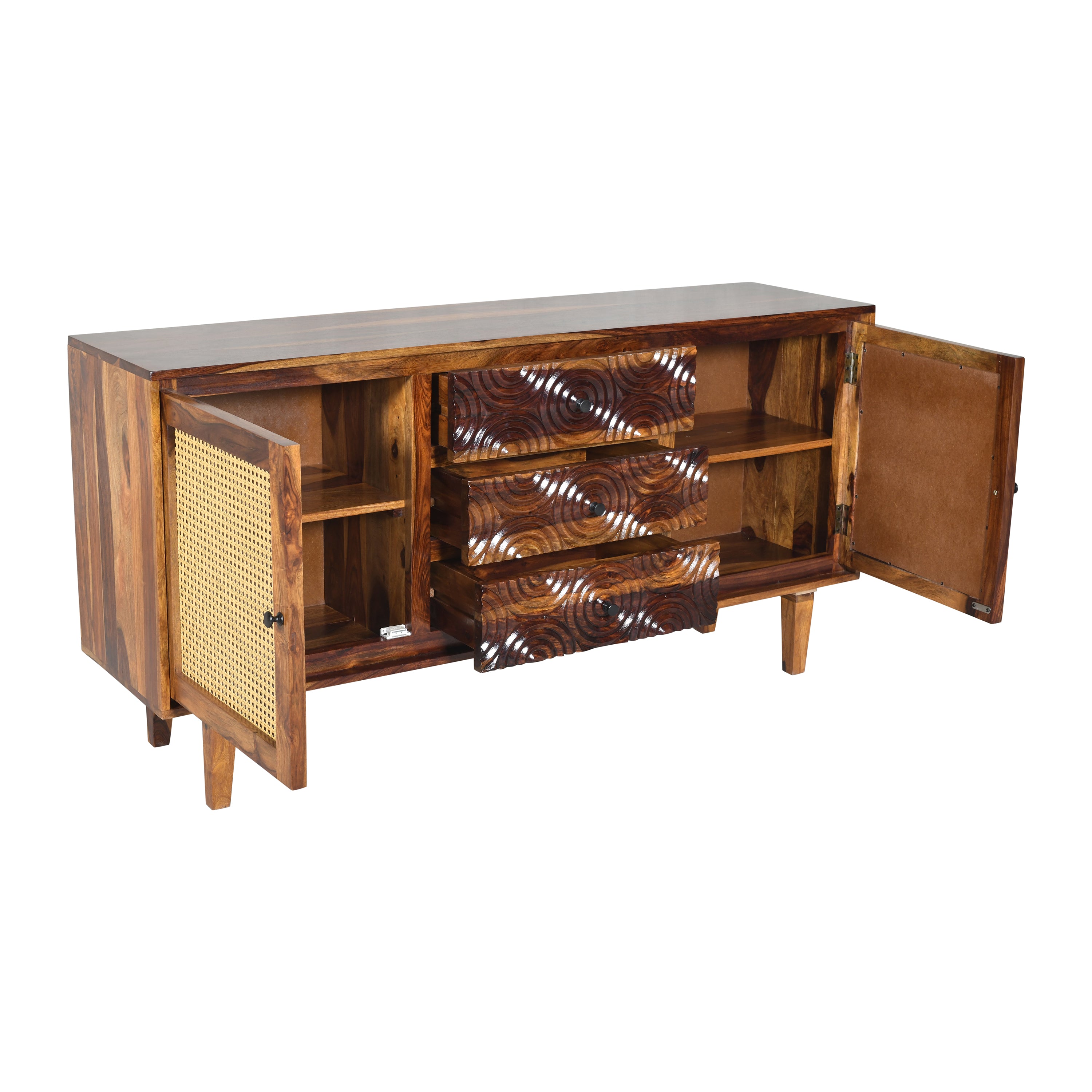 Solid Wood Sideboard with Cane Doors & Hand-Carved Drawer Fronts