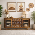 SIDEBOARD WAVE Solid Wood Sideboard with Hand-Carved Drawer Fronts & Glass Door Storage