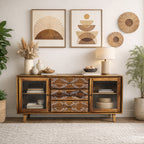 SIDEBOARD WAVE Solid Wood Sideboard with Hand-Carved Drawer Fronts & Glass Door Storage