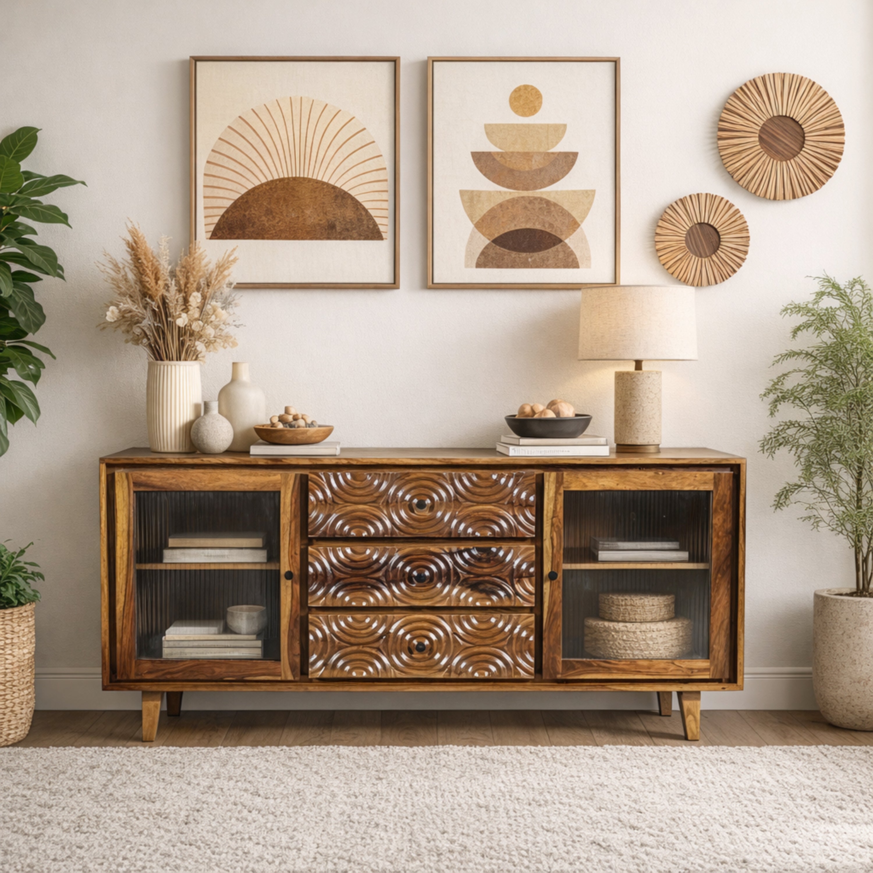 Solid Wood Sideboard with Hand-Carved Drawer Fronts & Glass Door Storage