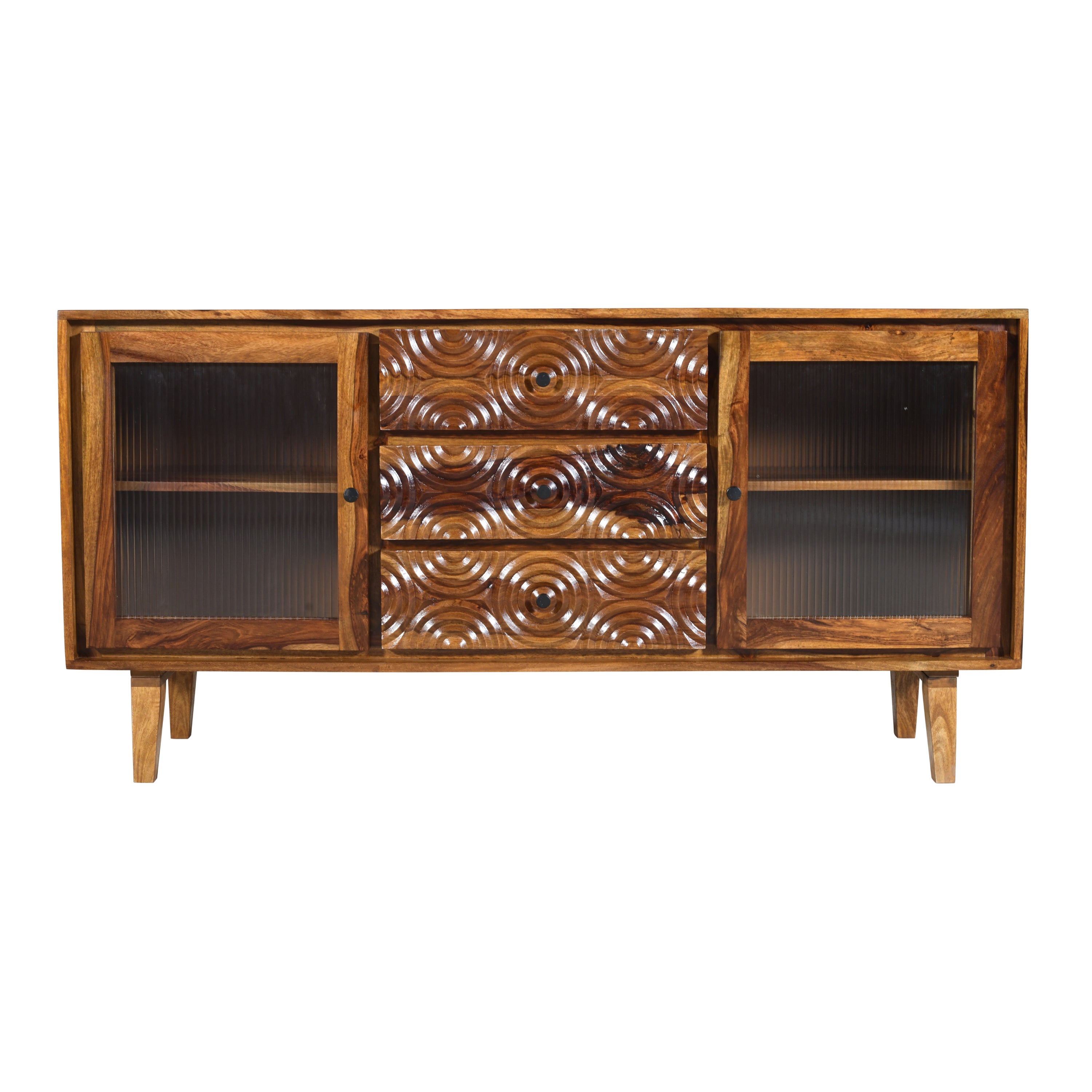 Solid Wood Sideboard with Hand-Carved Drawer Fronts & Glass Door Storage