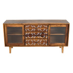 SIDEBOARD WAVE Solid Wood Sideboard with Hand-Carved Drawer Fronts & Glass Door Storage