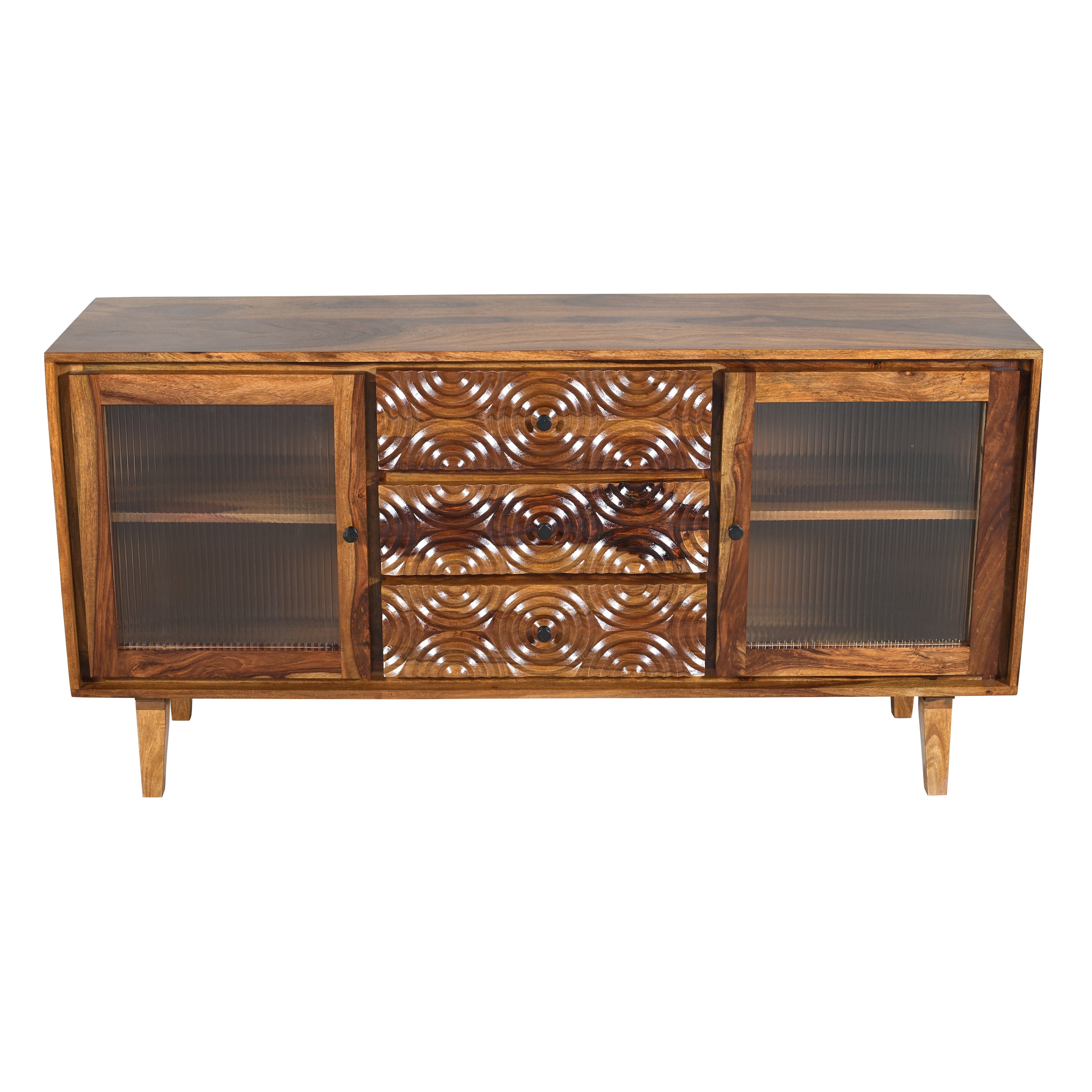 Solid Wood Sideboard with Hand-Carved Drawer Fronts & Glass Door Storage