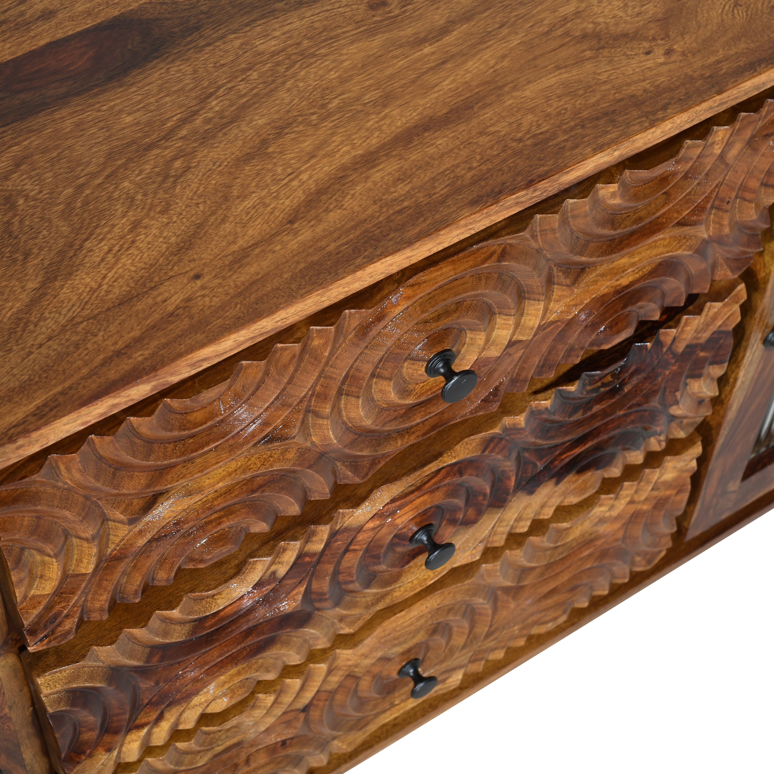 SIDEBOARD WAVE Solid Wood Sideboard with Hand-Carved Drawer Fronts & Glass Door Storage
