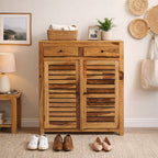 Solid Wood Hand-Carved ShoeRack with Om Design & Storage Drawers